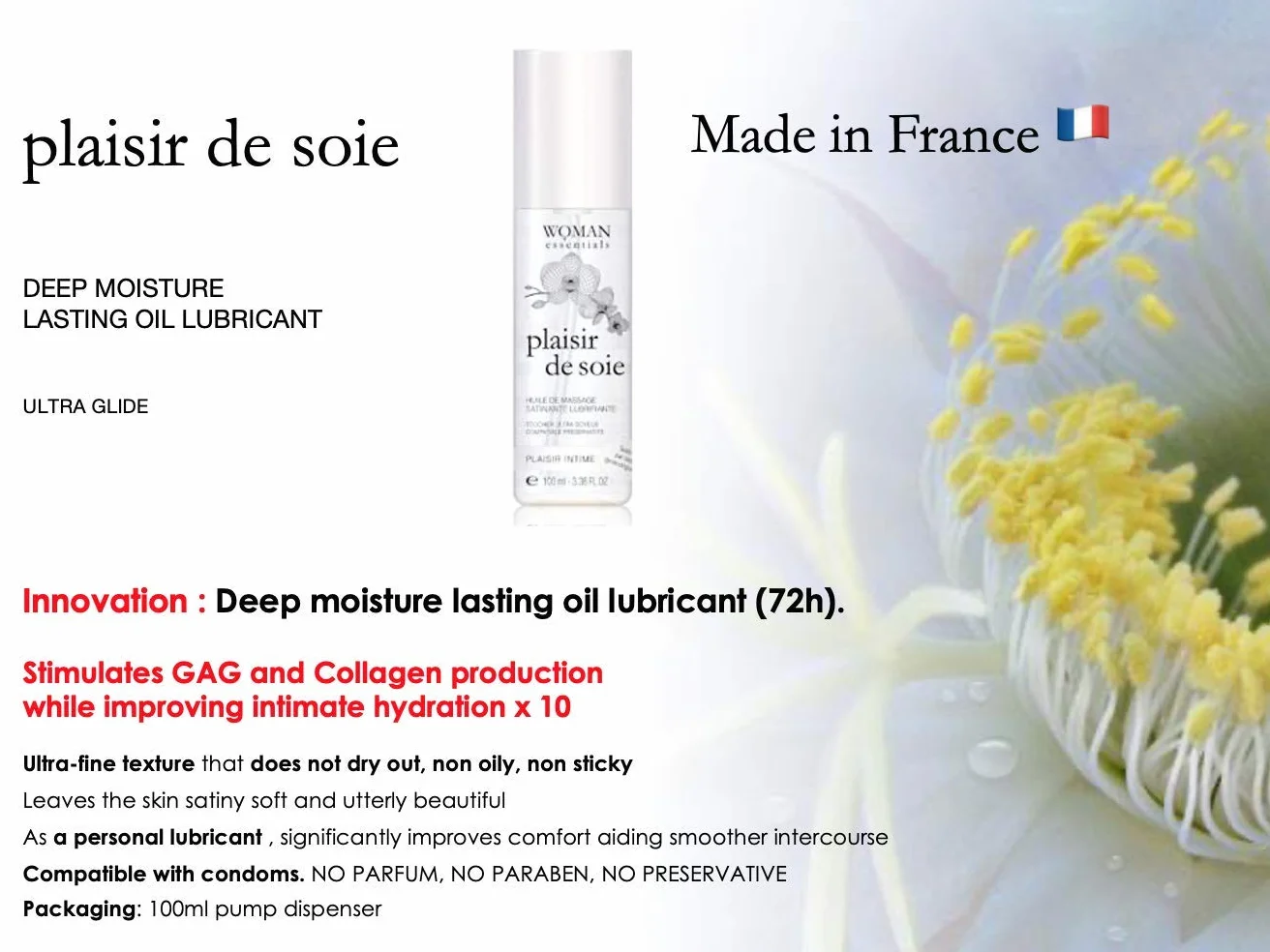 WOMAN ESSENTIALS PLAISIR DE SOIE 40ML Olio satinata lubrificante idratazione profonda ultra-scorrevolezza compatibile con preservativi clinicamente testato