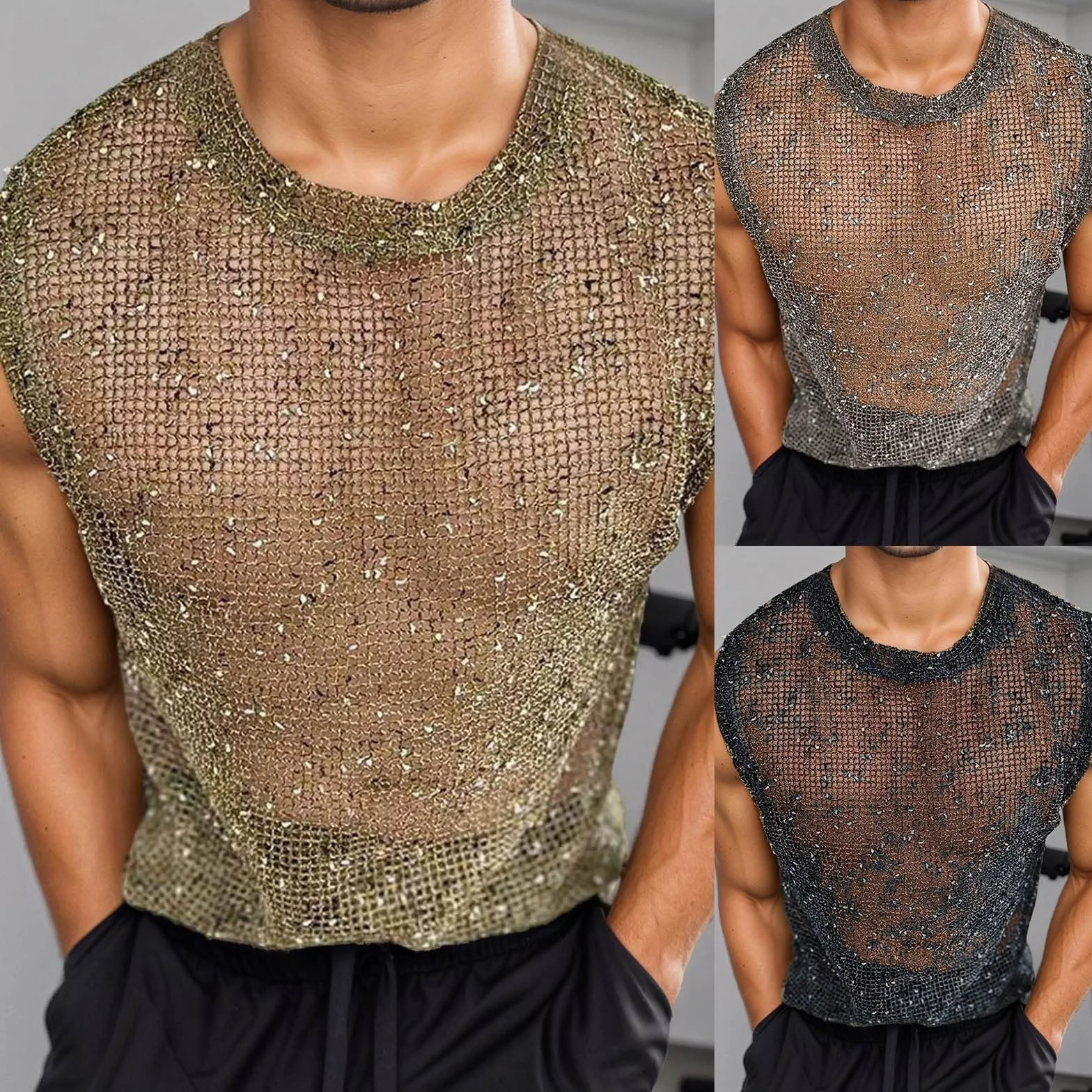 Camicia a rete da uomo con glitter, trasparente, maniche corte, asciugatura rapida, traspirante