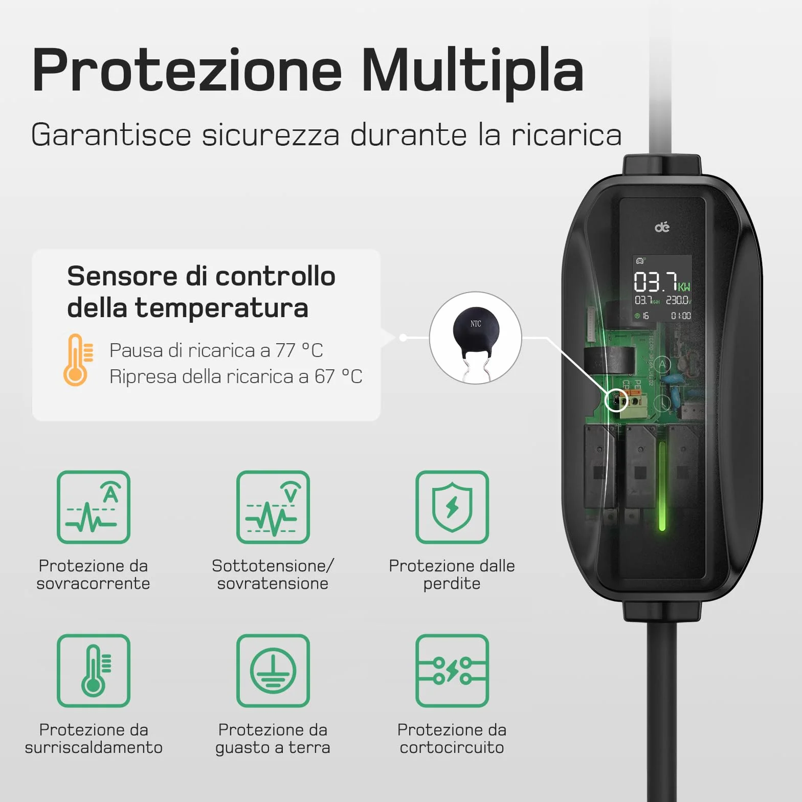 Cavo Ricarica Auto Elettrica Tipo 2 Schuko 6m 3,7kW 6-16A Wallbox Portatile LCD Digitale