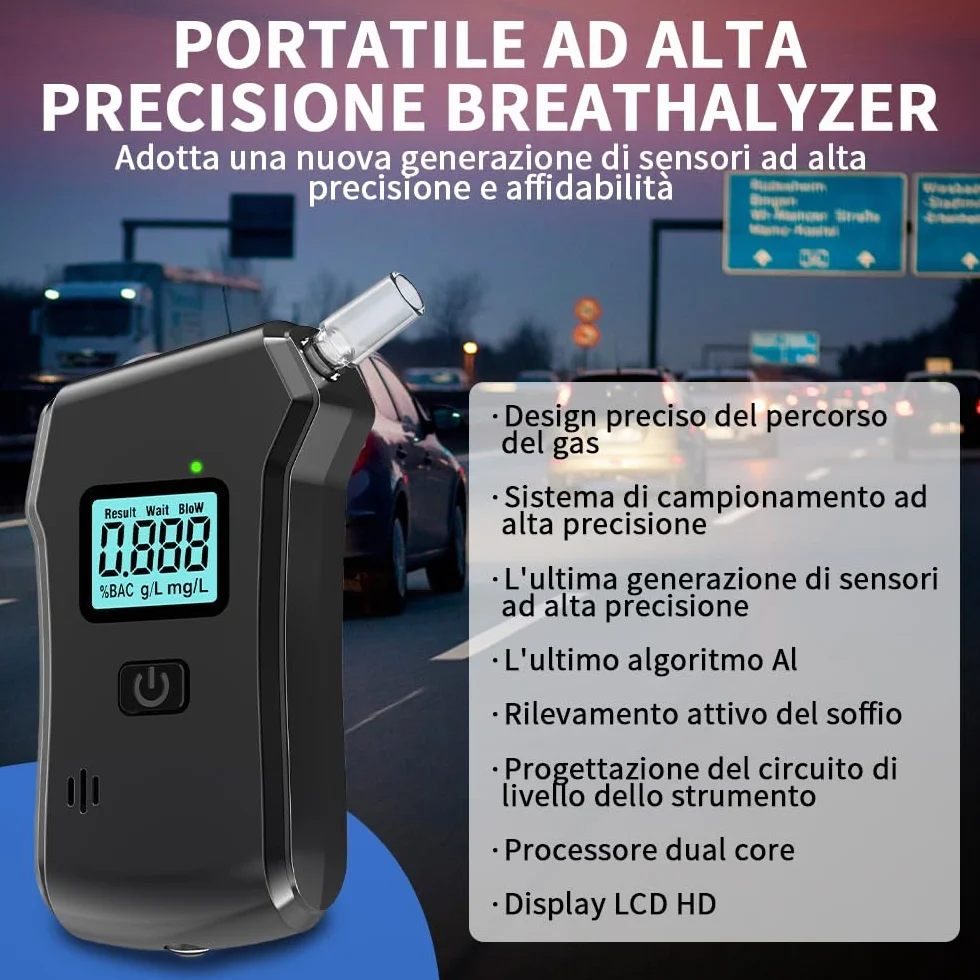 Etilometro Portatile Certificato,Etilometro Professionale con Display Digitale LCD e Chip ad Alta Sensibilità,Precisione di Grado,Alcool Test Portatile per Uso Domestico e Professionale con 20 Beccucc