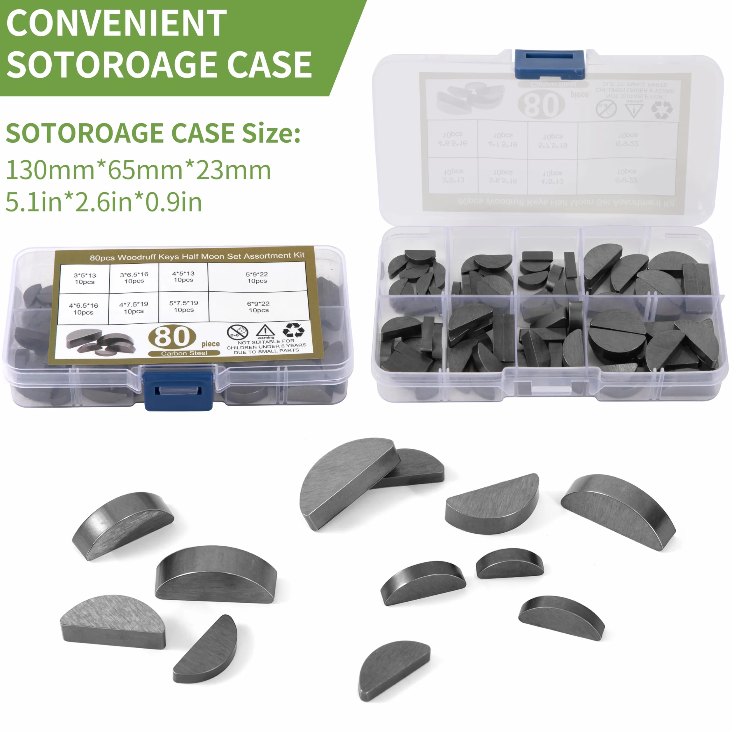 80 Pezzi Assortimento Chiavette Elastiche, Set di Chiavette a Mezzaluna 3 4 5 6 mm, Kit Assortimento Puleggia Volano Albero Motore, con Scatola per Molteplici Usi, Buona Durata