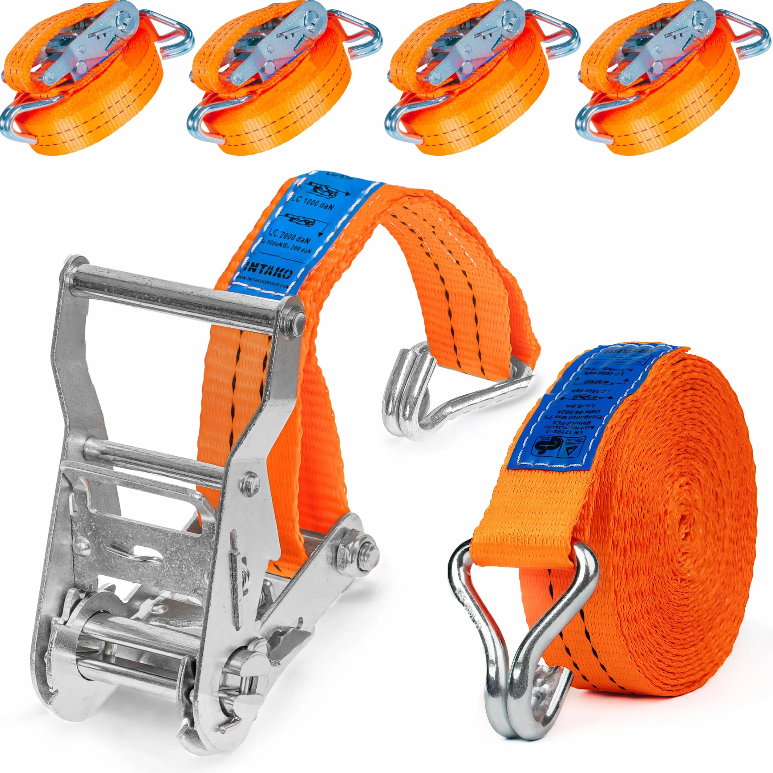 INTAKO Cinghie a Cricchetto 2000kg 35mm Set 4 Pezzi 6m EN 12195-2 TÜV GS