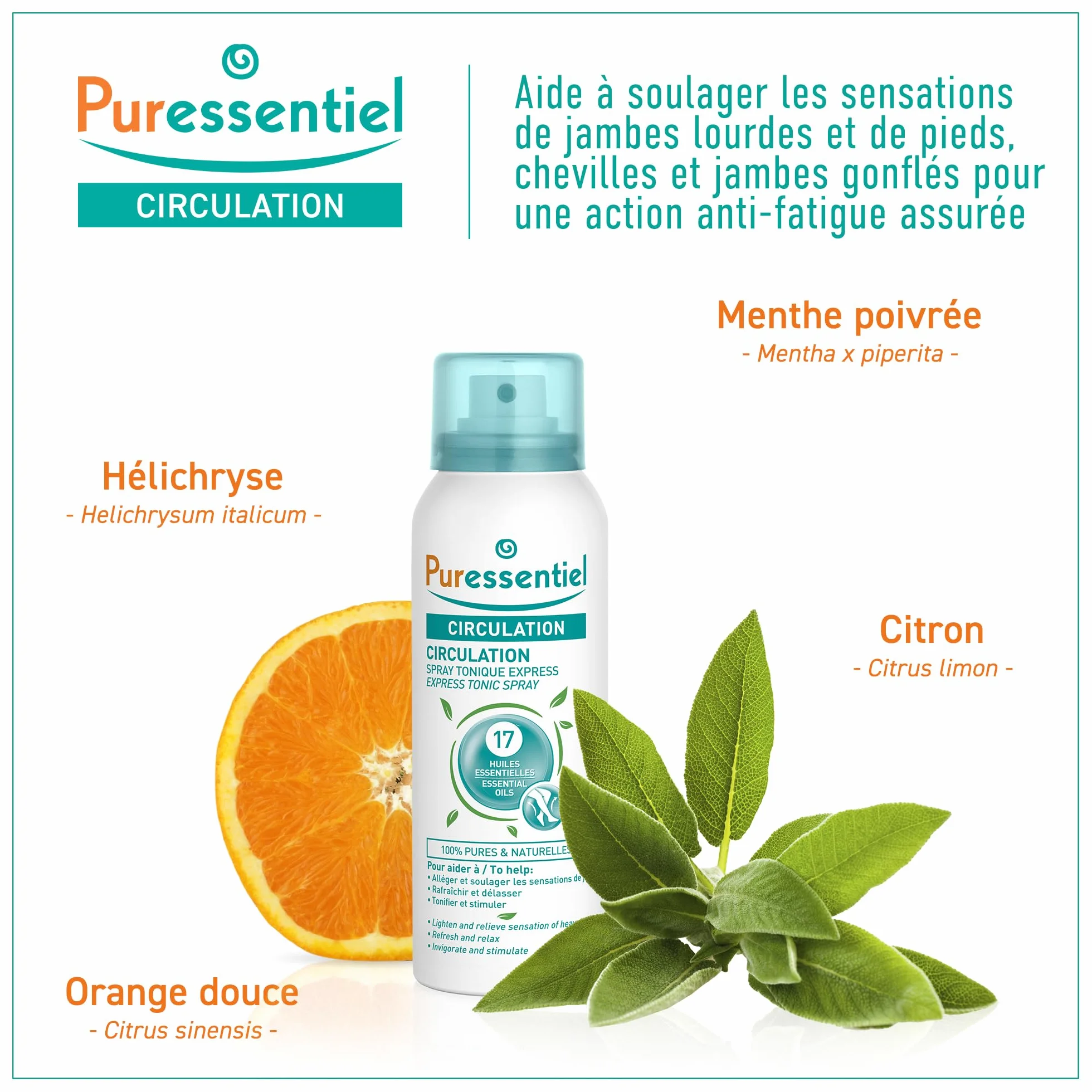 Puressentiel Circolazione Spray Tonico Express 17 Oli Essenziali mentolo naturale gambe pesanti 100 ml