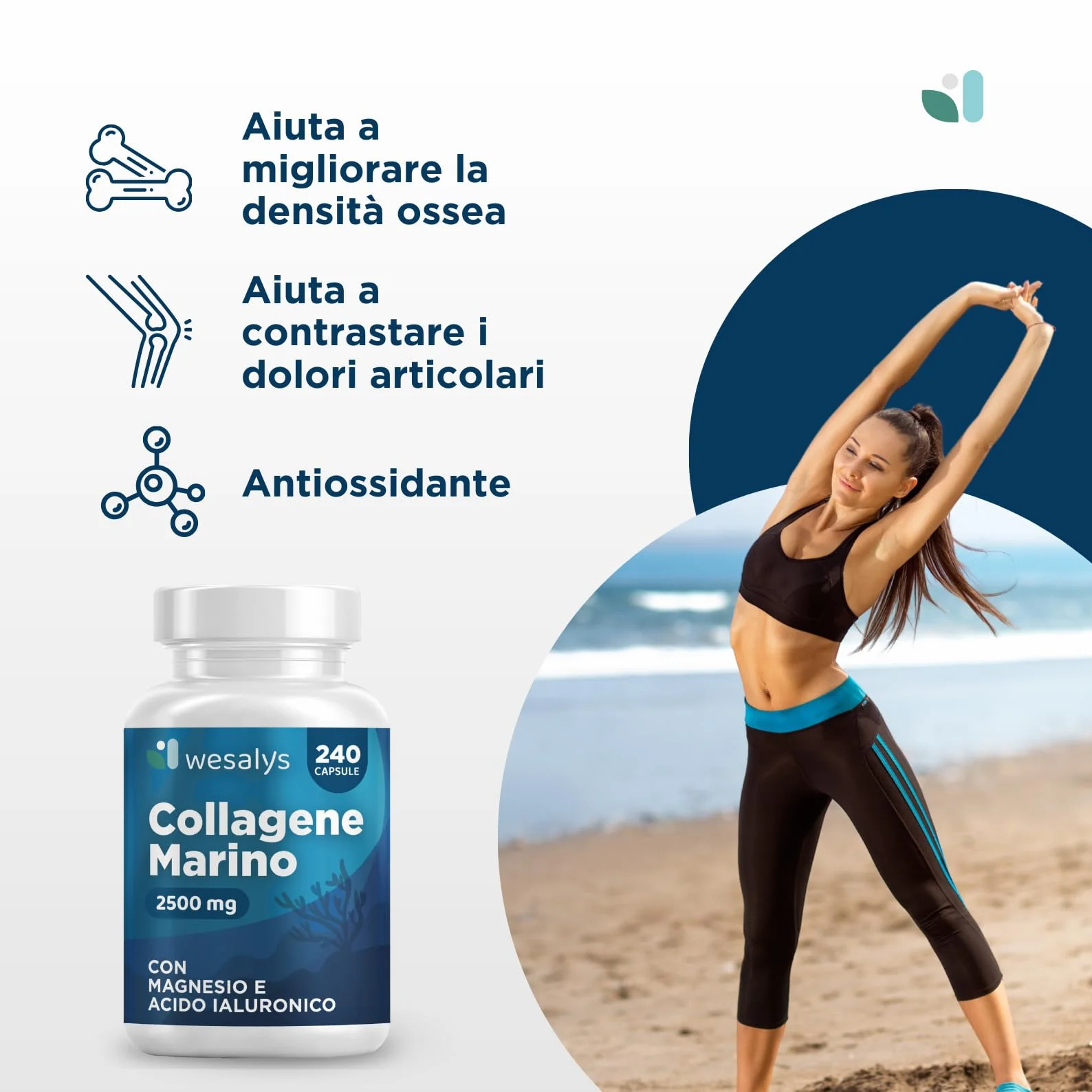 Collagene Marino con Acido Ialuronico 240 Capsule 2500mg Integratore Biotina Vitamina C Coenzima Q10 Pelle Capelli Articolazioni Wesalys