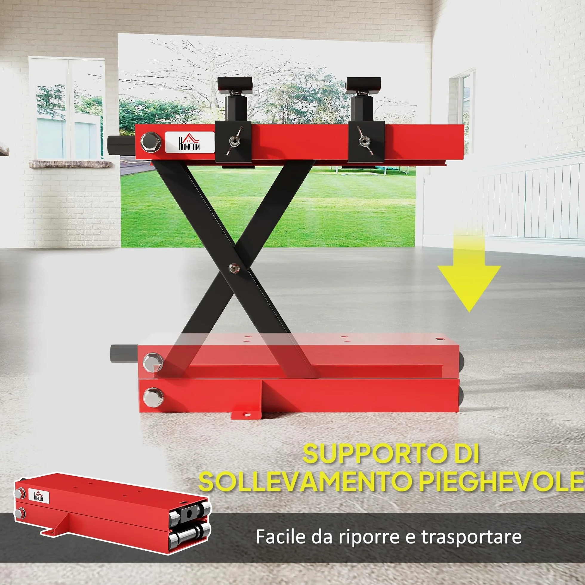 HOMCOM Sollevatore Moto in Acciaio Max 500kg, Cavalletto Alzamoto Pieghevole con Altezza Regolabile 9.5-40 cm e Manovella, Piattaforma da 45x15 cm, Rosso