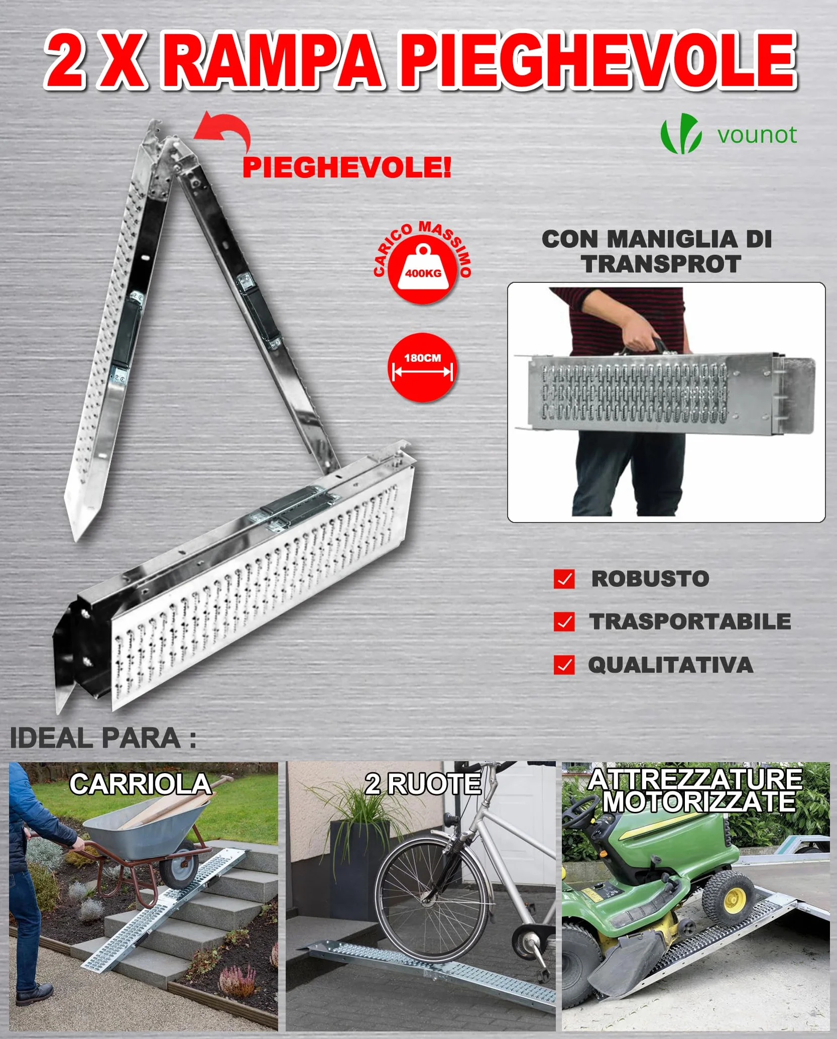 VOUNOT® Rampa Pieghevole 400 kg Max 180x23x4,5 cm per Moto, Carico