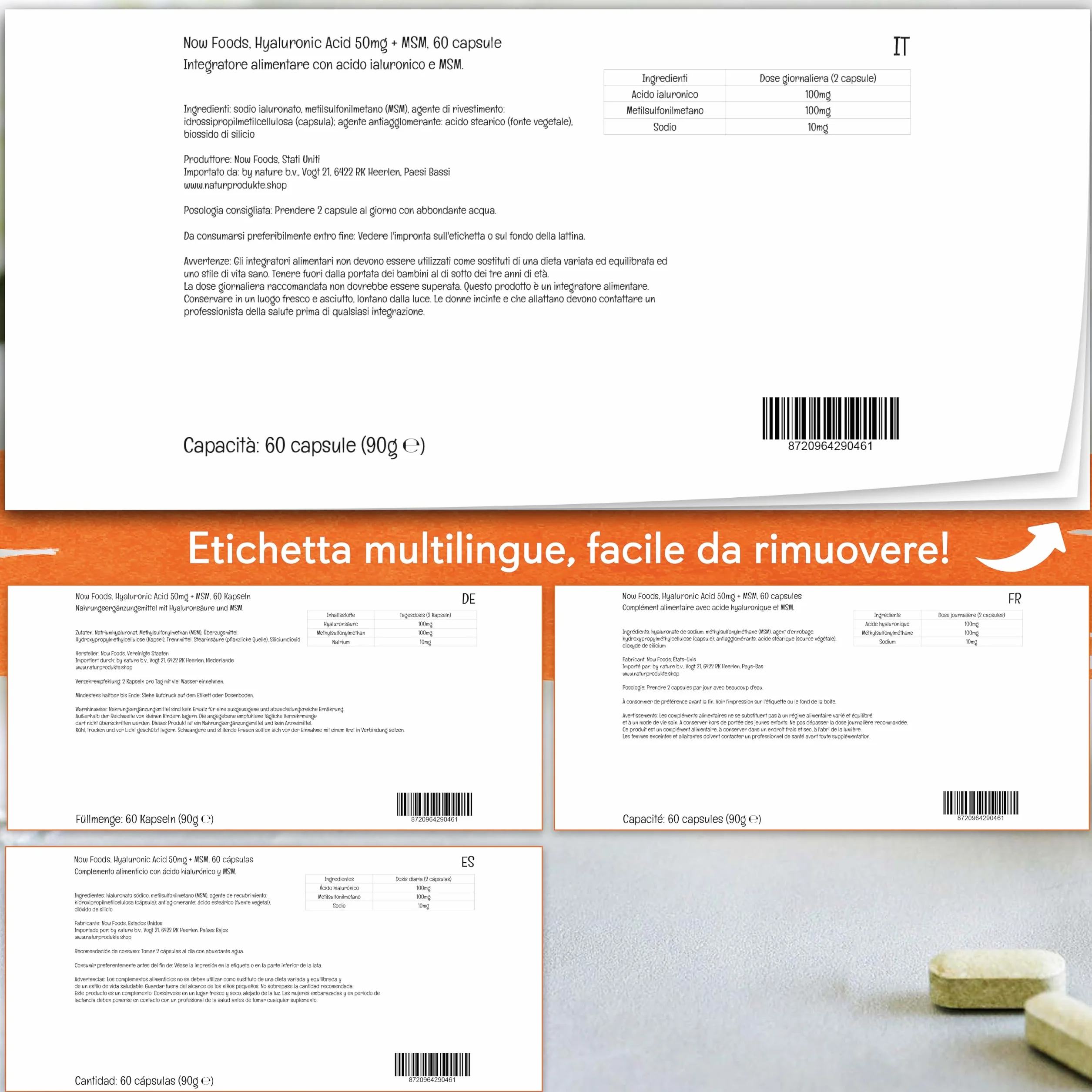 Now Foods Hyaluronic Acid + MSM 50 mg 60 Capsules Vegan Lab Tested Soy Free Gluten Free Non GMO