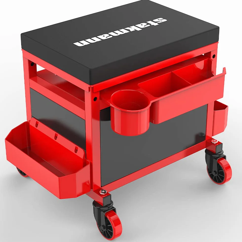 Sgabello Mobile da Officina con Cassetto, Vani e Vassoio Porta Attrezzi e Viti, Sedia per Maccanico Officina Portattrezzi, Ruote Girevoli a 360°, Seduta Imbottita e Struttura Acciaio, capacità 136kg