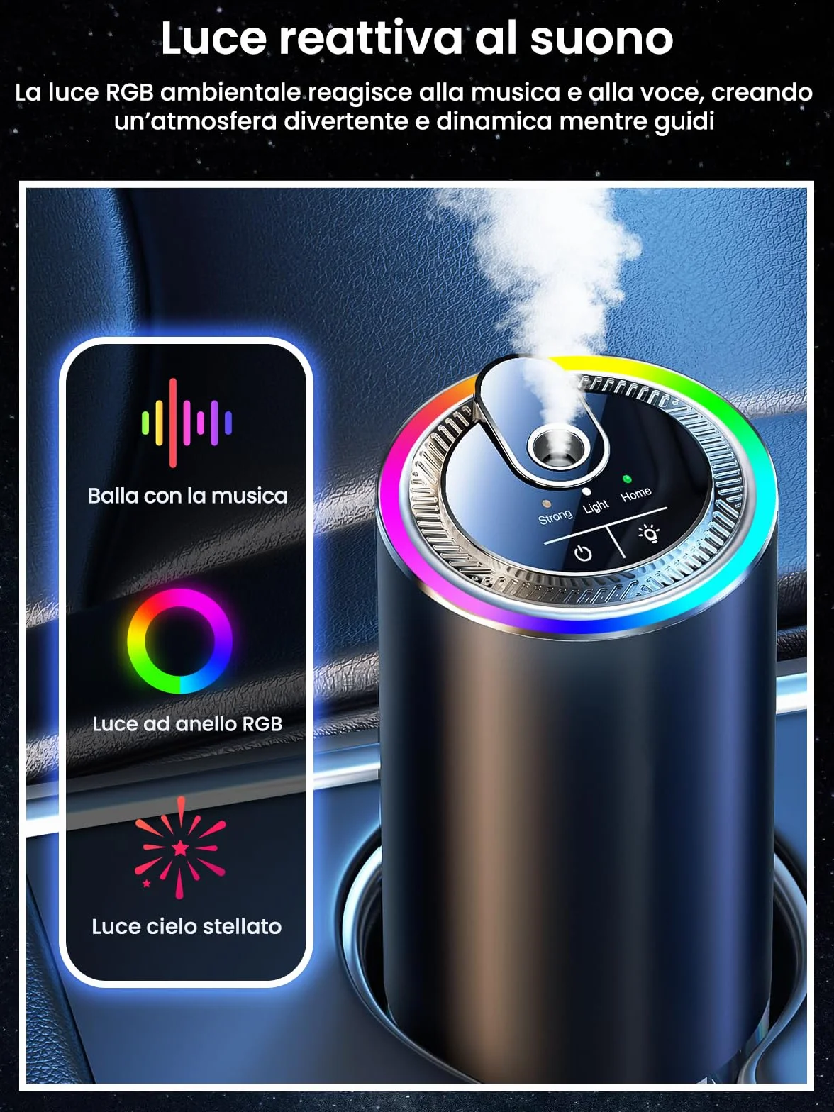 Profumatore Auto Diffusore 50 ml Oceano, Atomizzatore Ultrasuoni RGB Musica Leggera, 3 Modalità Intelligenti, Automatico On/Off, Batteria 1000 mAh
