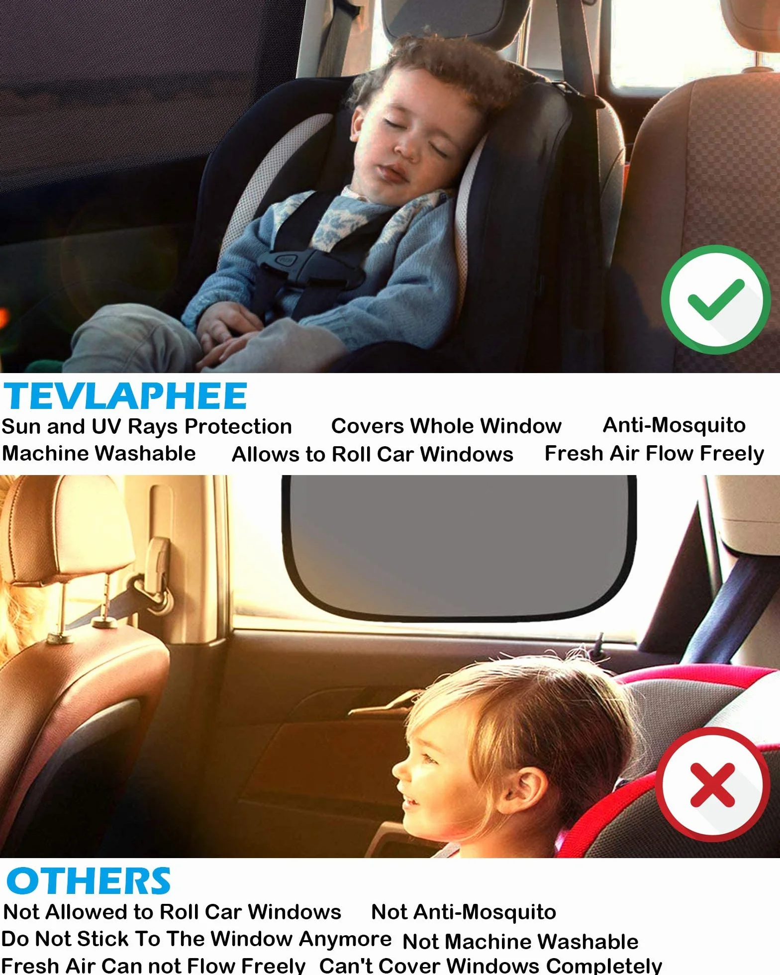 Tevlaphee Tendine Parasole Auto Bambini,Parasole Auto Bambini Accessori Auto Block Raggi UV Anti-Zanzara Protegge Bambini e Animali Domestici Universali Parasole Auto Finestrini Laterali (L)