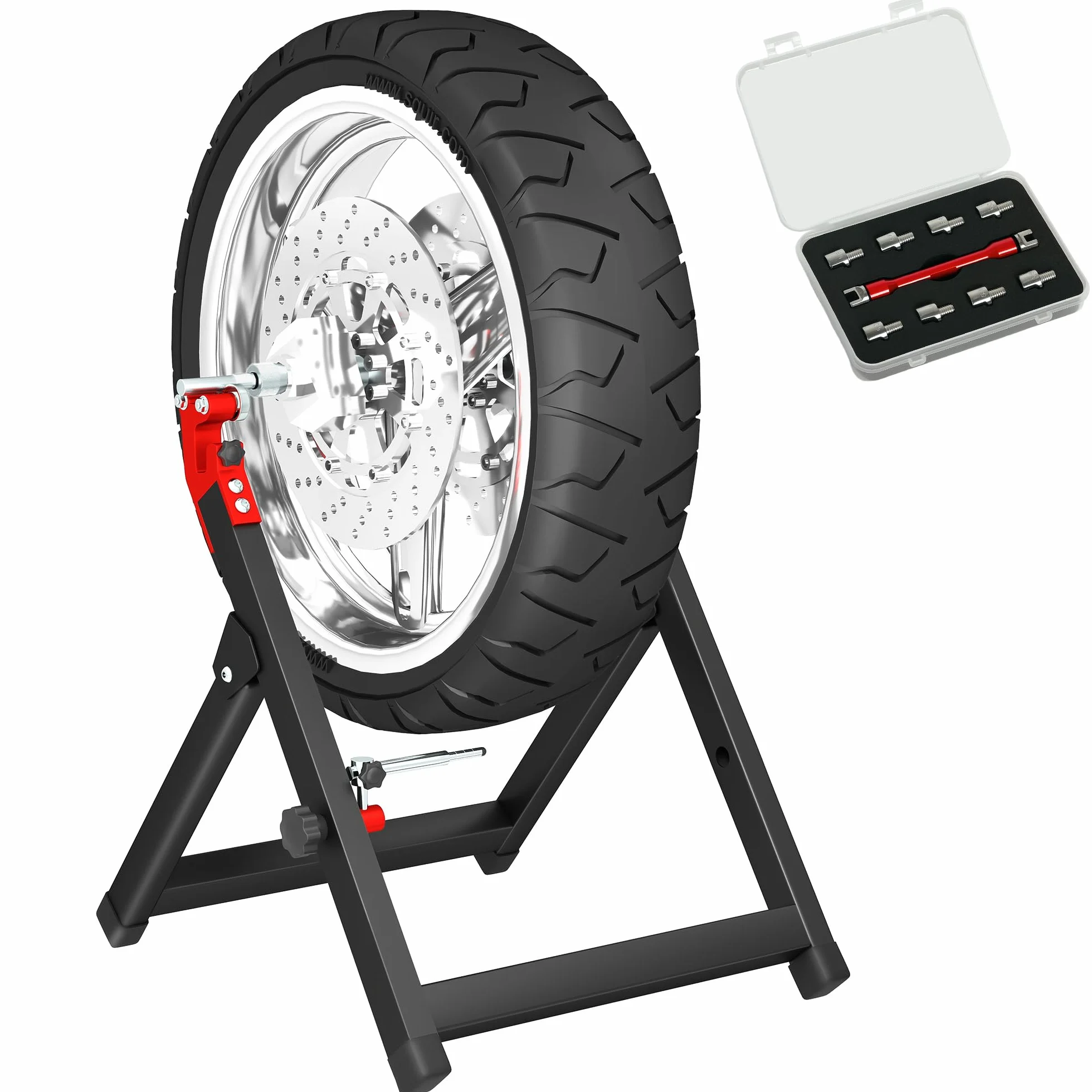 HOMCOM Bilanciatore manuale di ruote moto alluminio e acciaio bilanciamento danni ruote pieghevole con chiave a raggi, compatibile fino a 21 pollici, nero