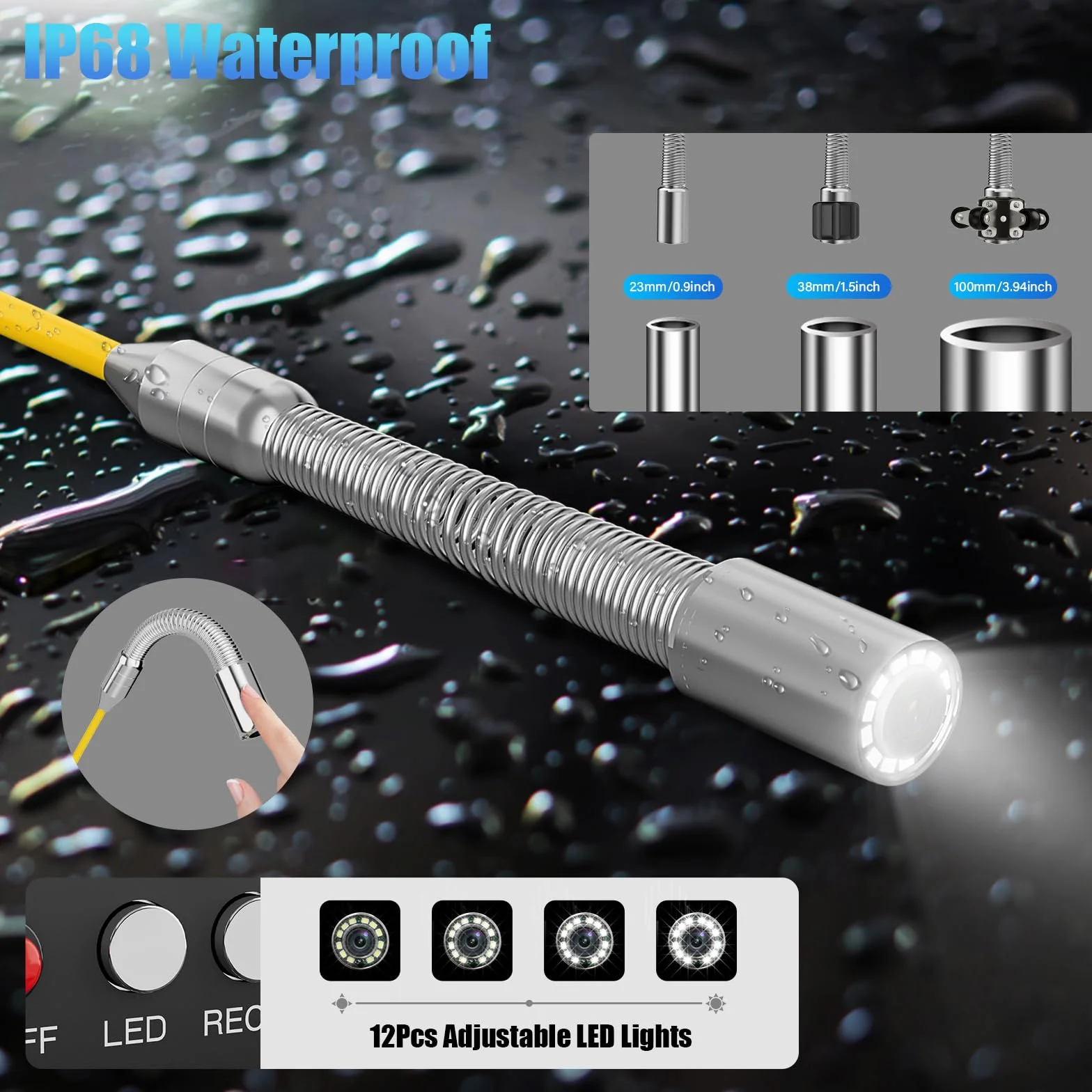 Telecamera Ispezione Tubi 7" Monitor IP68 Impermeabile con 12 LED 30M 23mm Endoscopio Professionale 32GB