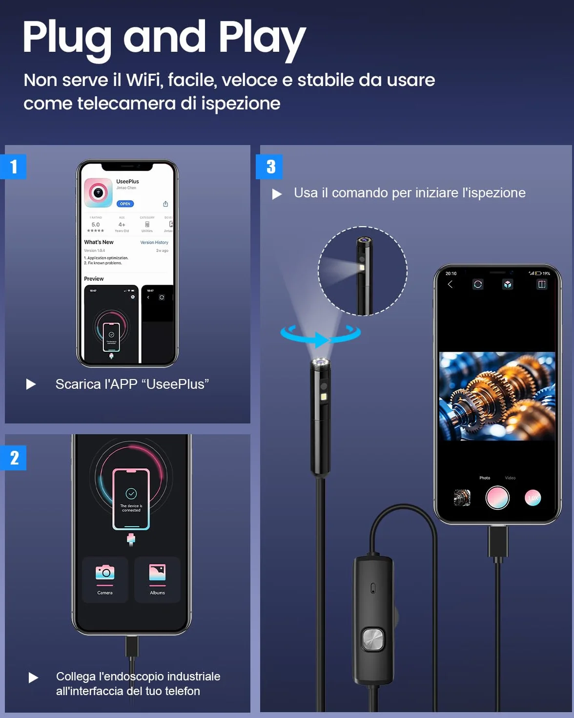 Endoscopio per Smartphone 1920P HD IP67 Sonda Impermeabile 8 LED Cavo Semirigido 5 m Compatibile iOS Android