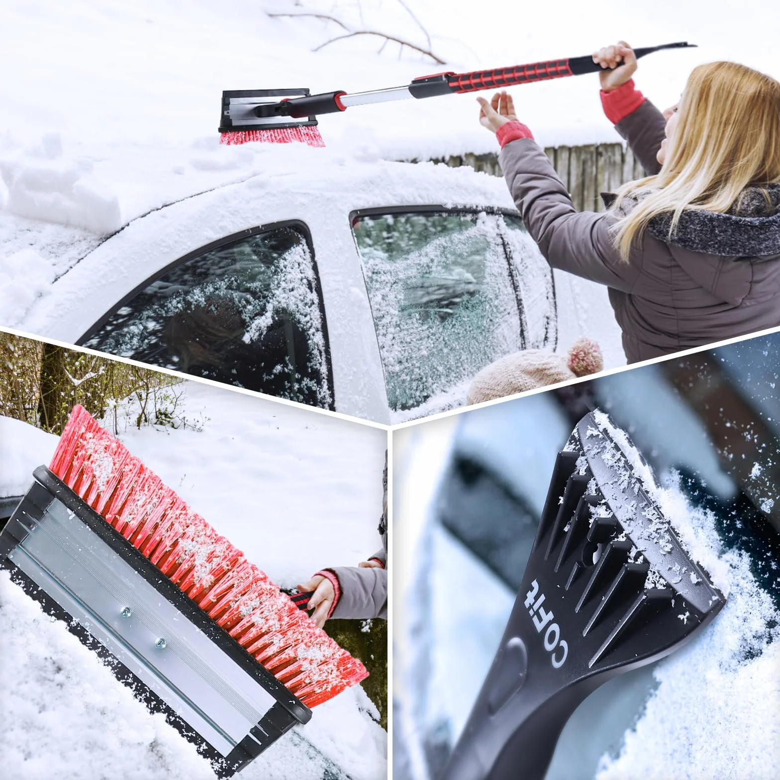 COFIT Raschietto e Spazzola Neve 3 in 1 100cm Gratta Ghiaccio Auto Manico Lungo Estensibile Rosso