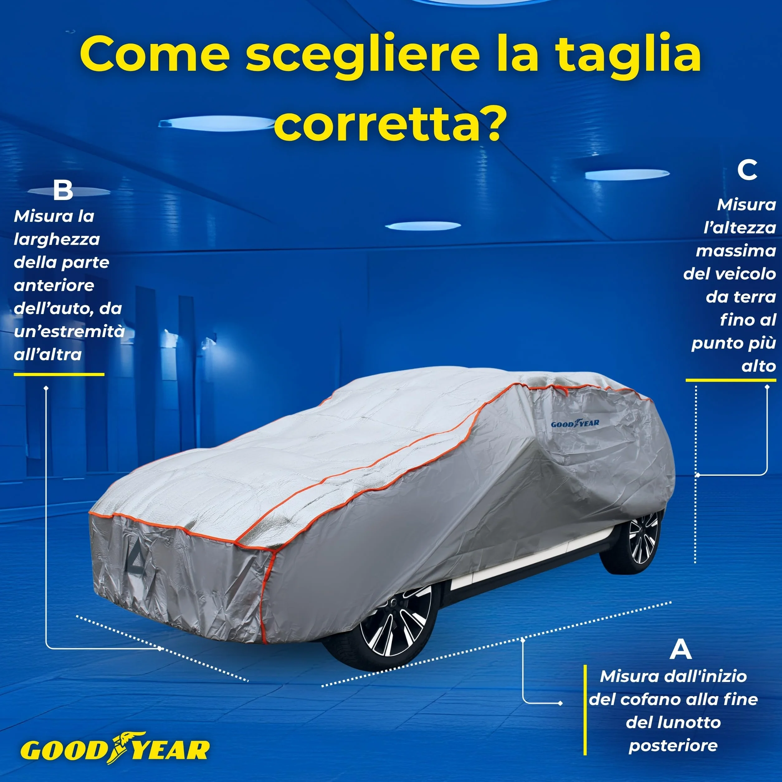 Goodyear Telo Antigrandine Auto Taglia M, Imbottitura 6mm Alta Protezione, Copriauto Esterno Impermeabile e Antigraffio, Tessuto Anti-UV, Cinghie Antivento, 440x165x119 cm, 4 Stagioni, Grigio/Nero