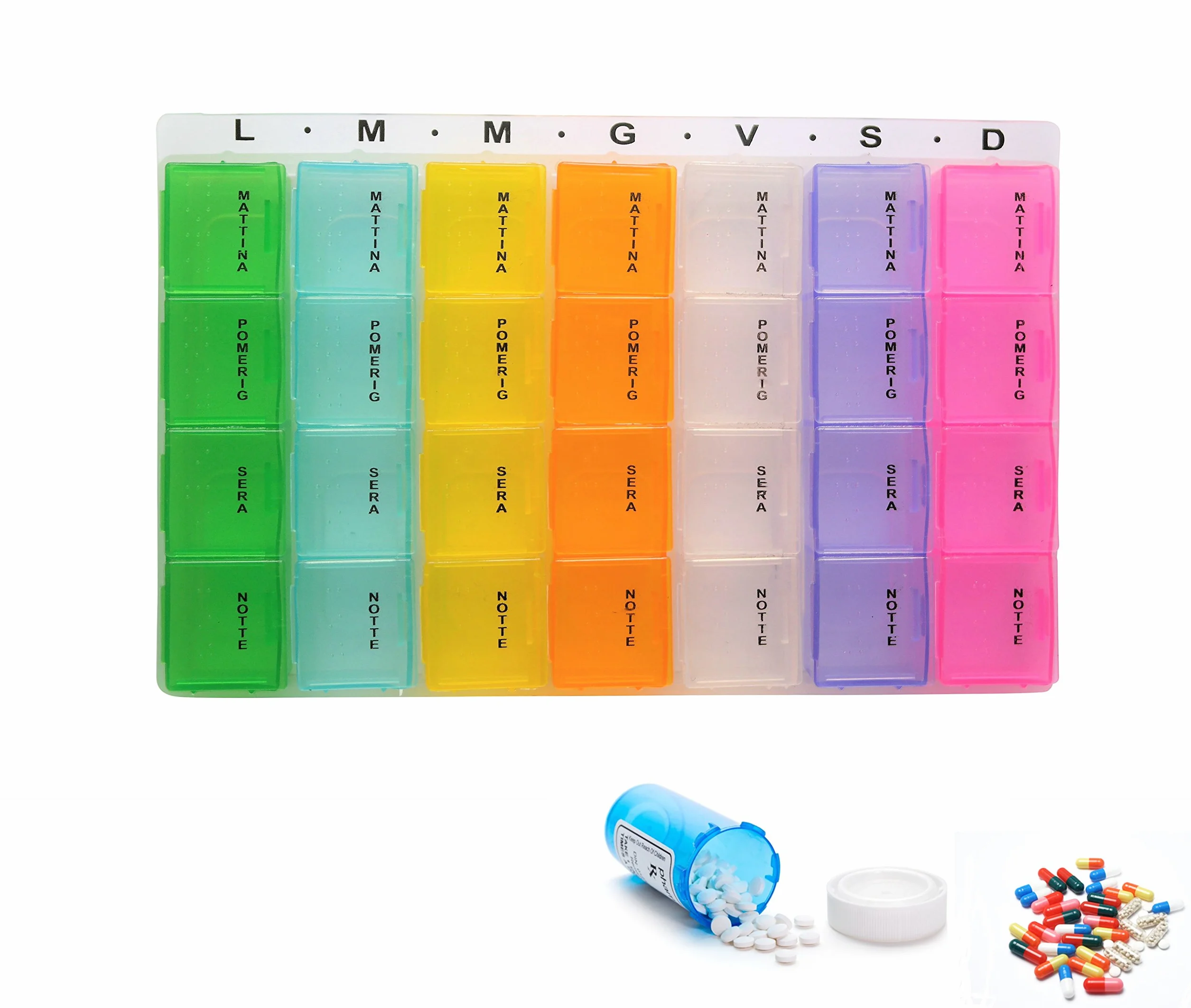 Porta Pillole Settimanale 28 Scomparti 4 Pack, Contenitore per Pillole con 7 Giorni Mattino Pomeriggio Sera Notte