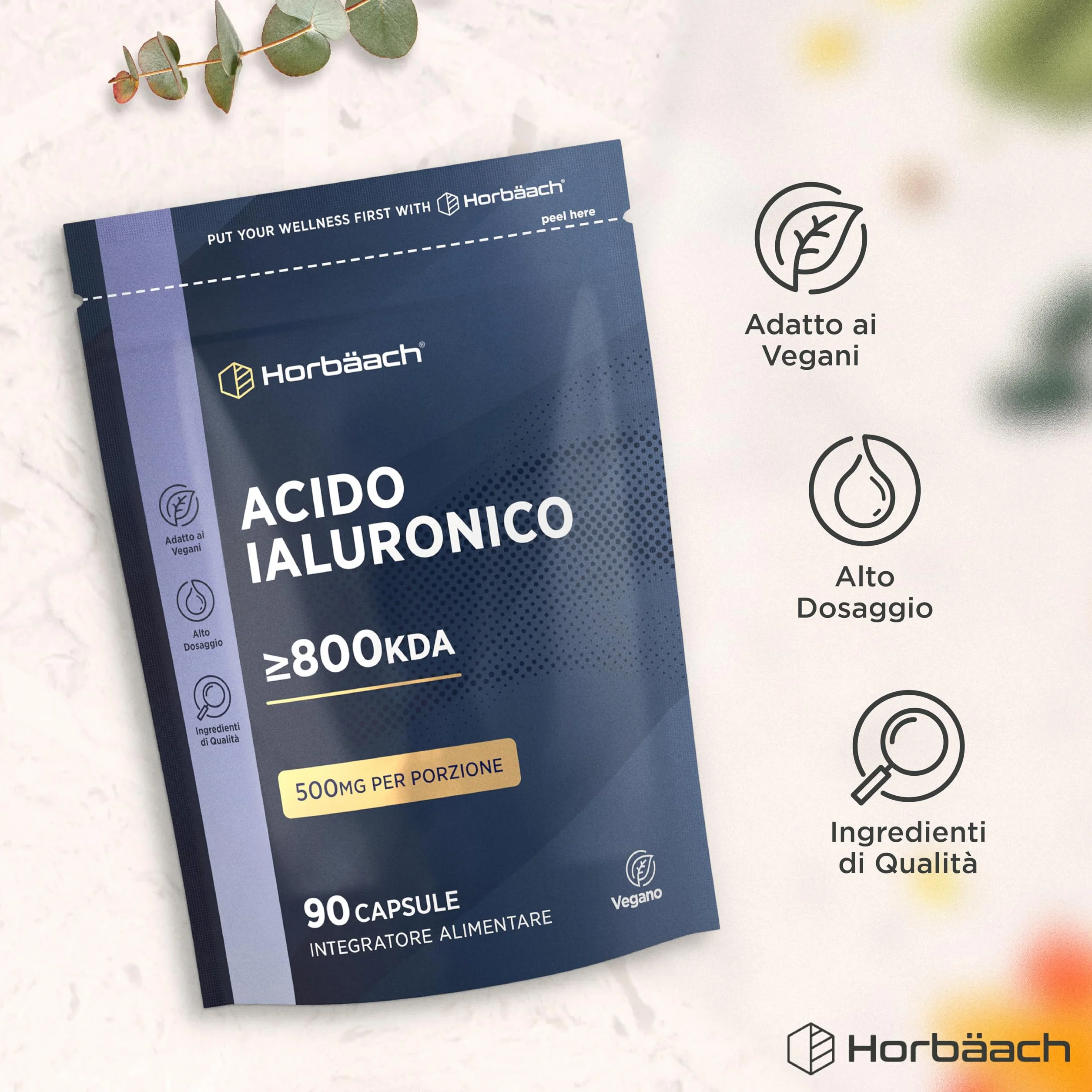 Horbaach Acido Ialuronico Compresse 500mg 90 Capsule Vegane Alto Dosaggio