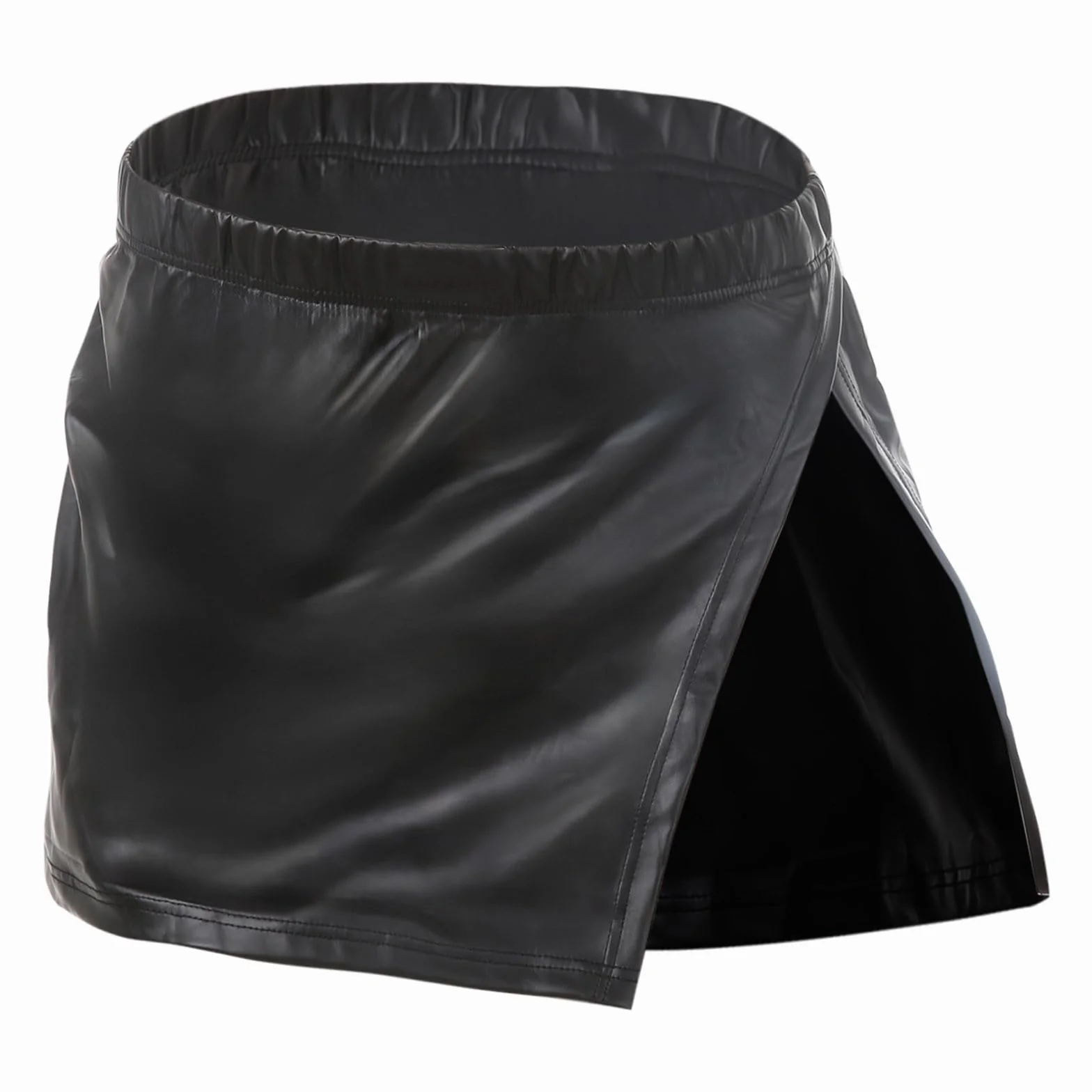Gonna uomo pelle sintetica spacco laterale aderente vita bassa elastica sexy San Valentino