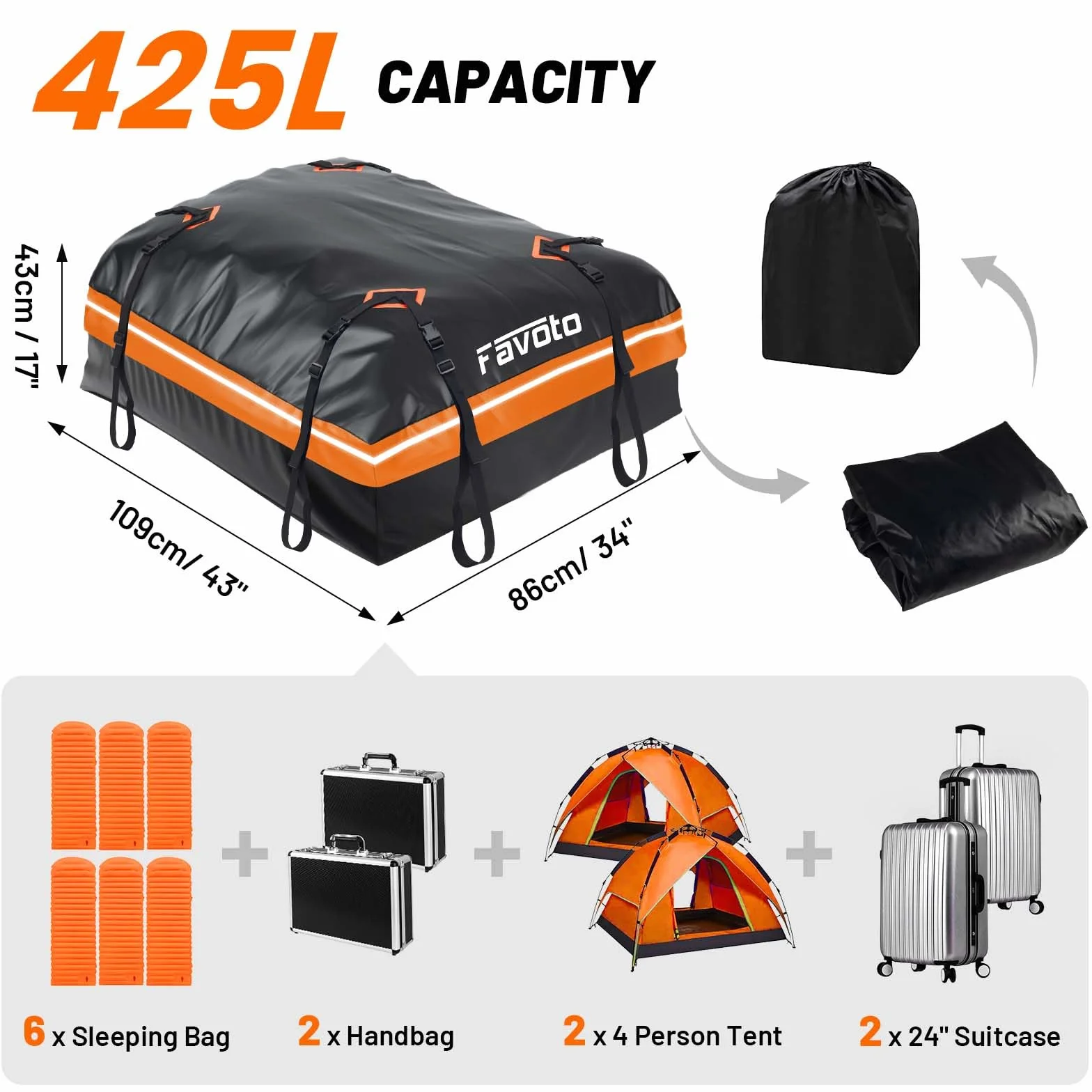 Favoto Borsa da Tetto Auto Impermeabile 425L Pieghevole Portapacchi con Tappetino Antiscivolo Arancione