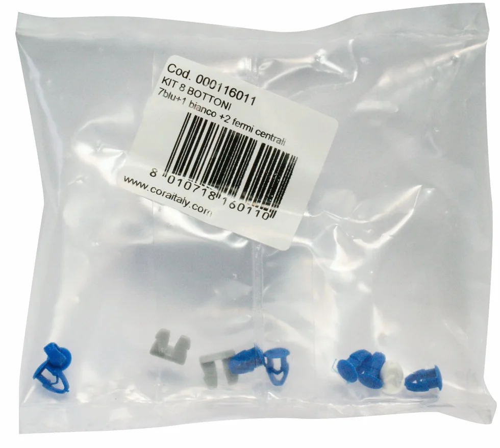 Cora 000116011 Kit 8 Bottoni, 7 Blu e 1 Bianco, 2 Fermi Centrali, Nero