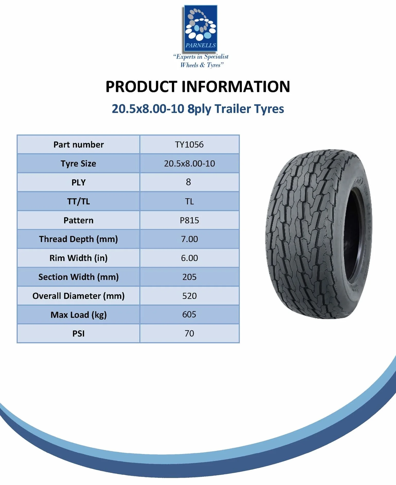 Pneumatico per rimorchio 20,5x8,0-10 8 strati PCD 100 605 kg set da 2
