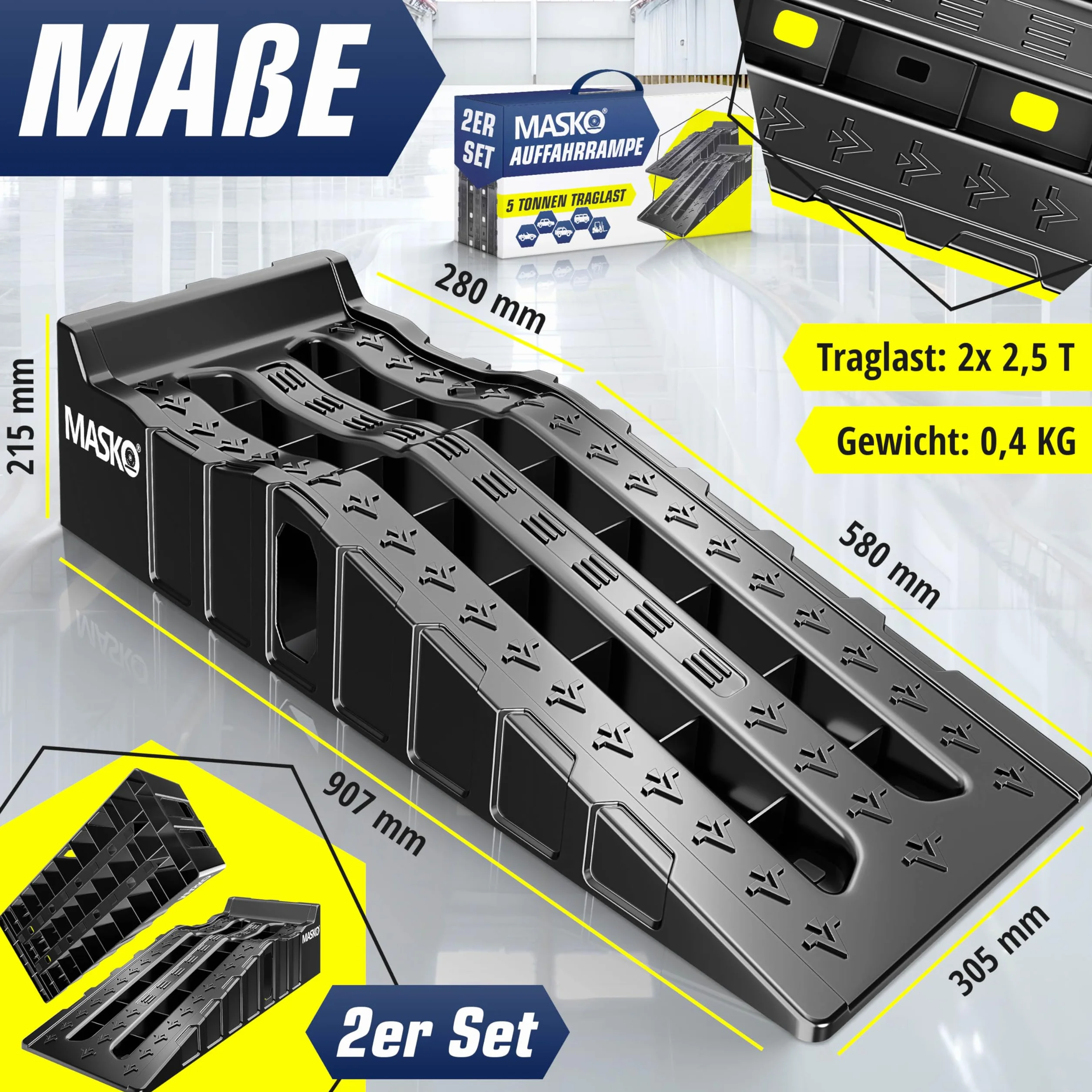 MASKO® Set di 2 Rampe di Carico fino a 5 Tonnellate di Capacità di Caric, Rampa Auto con Protezione Anti-Tip, Antisdrucciolo, Stabile, Ramp Extra Larga