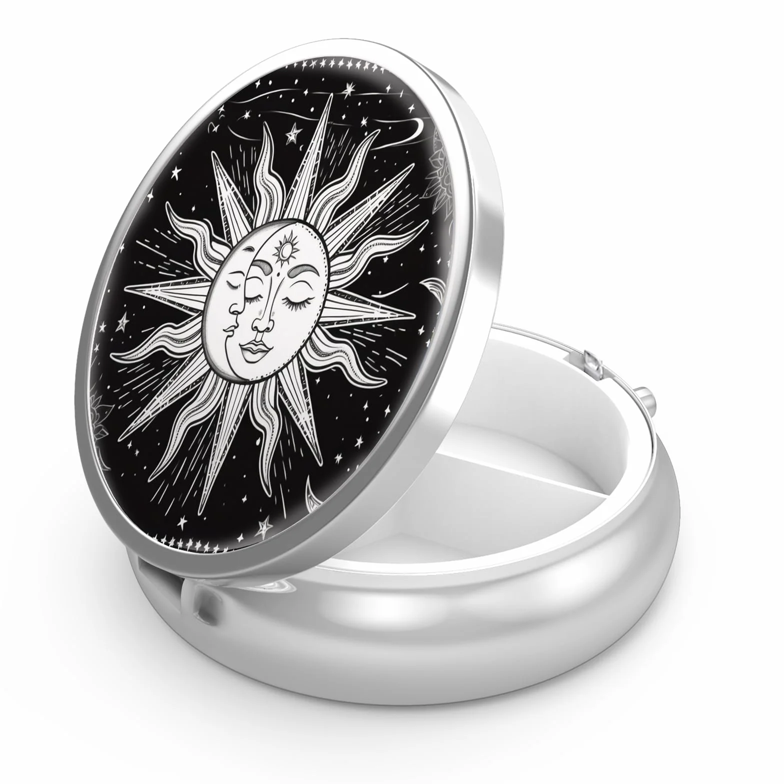 Portapillole Metallico 3 Scomparti Portatile Organizer Medicina Vitamina Sun and Moon