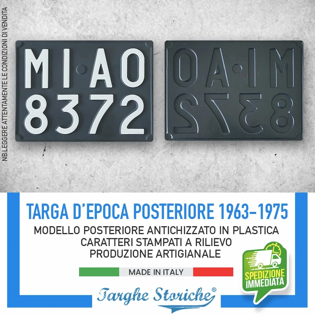 Targa Auto Epoca Posteriore 1963-1975 Plastica Replica Personalizzata Made in Italy