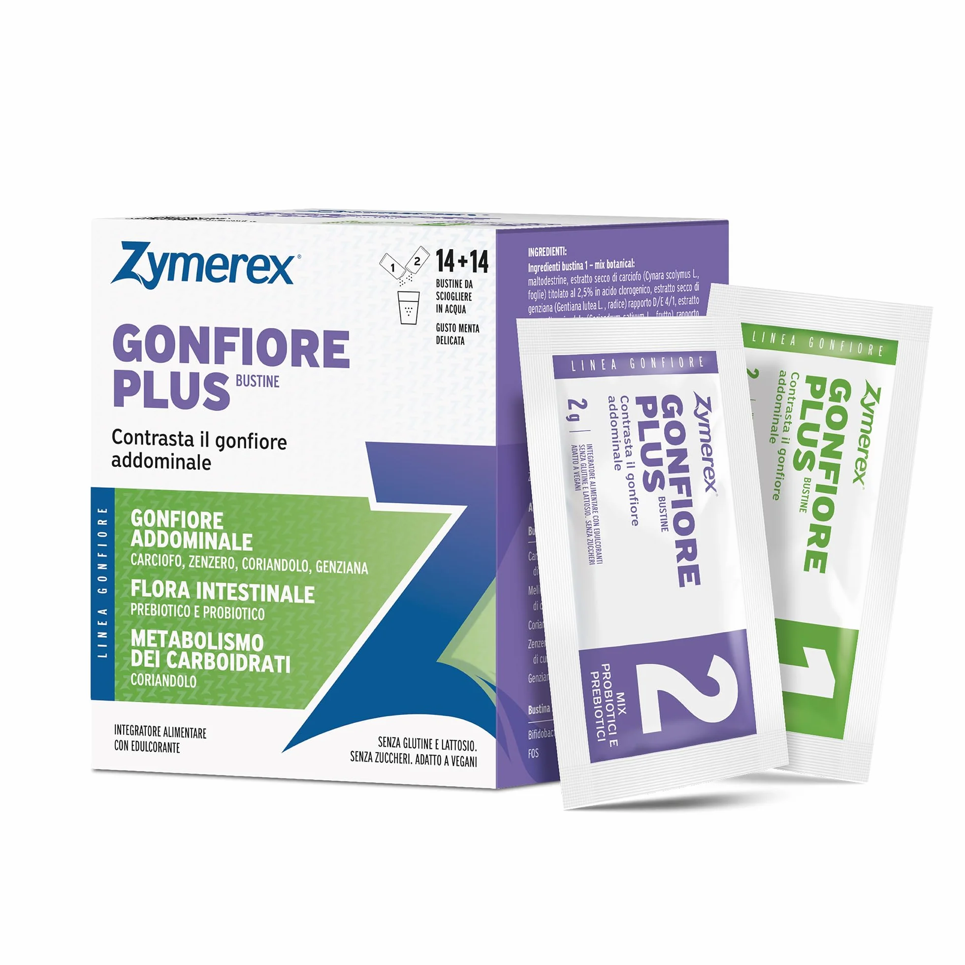 Zymerex Gonfiore Plus 14+14 bustine Probiotici Prebiotici Equilibrio Flora Intestinale Metabolismo Carboidrati Senza Glutine Lattosio Zuccheri