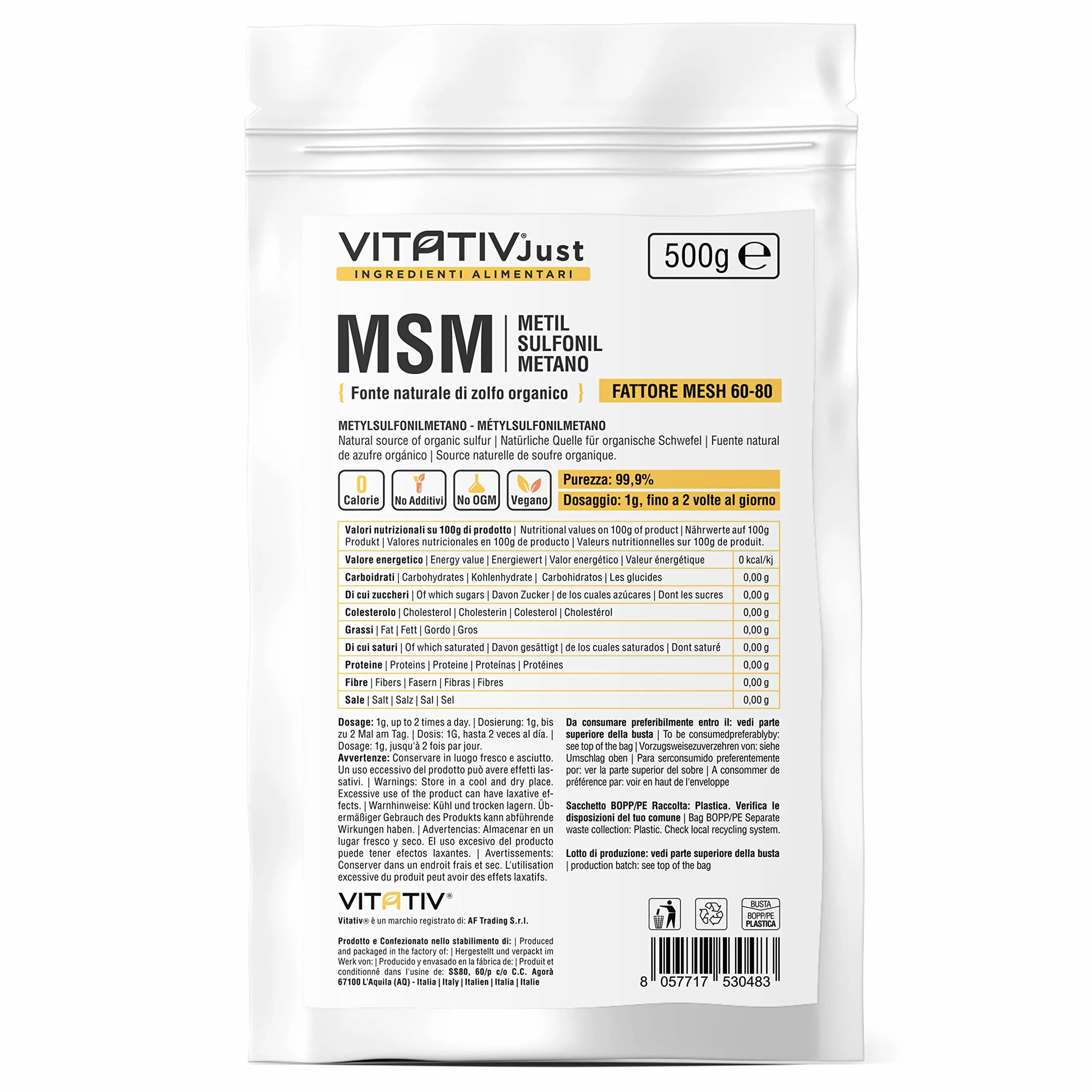 MSM Metilsulfonilmetano In Polvere Puro 99,9% Fattore Mesh 60-80 Zolfo Organico 500gr