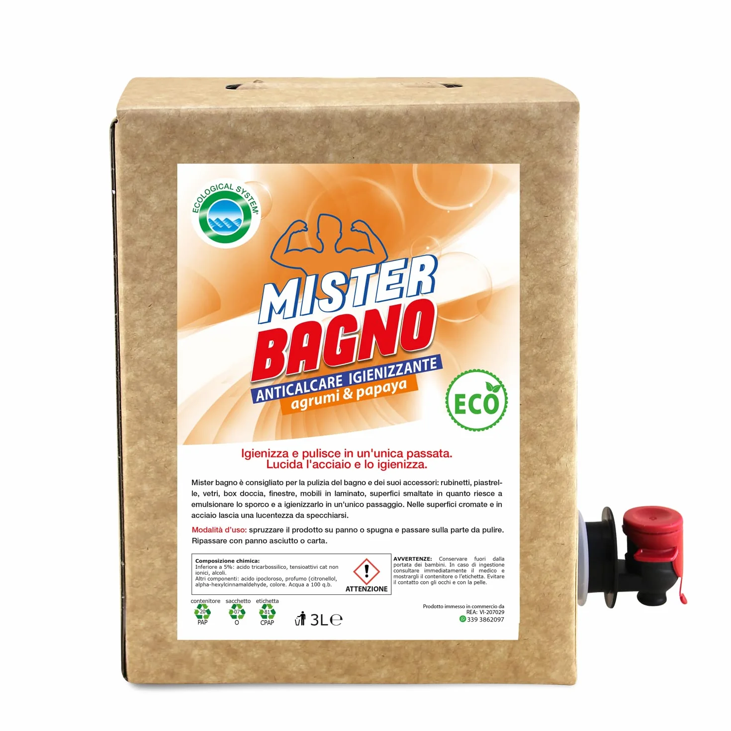 Mister Bagno Detersivo Bagno 3L Bag in Box Ecologico Agruni e Papaya