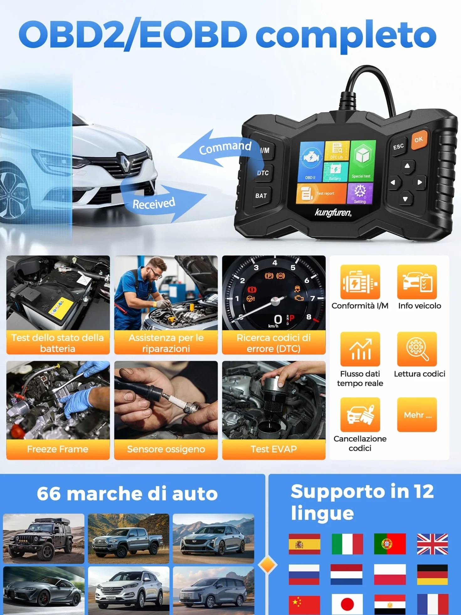OBD2 Diagnosi Auto Diagnostica Scanner Multimarca Audi BMW Ford VW - Professionale Lettore Codici Errori Motore con Test Batteria