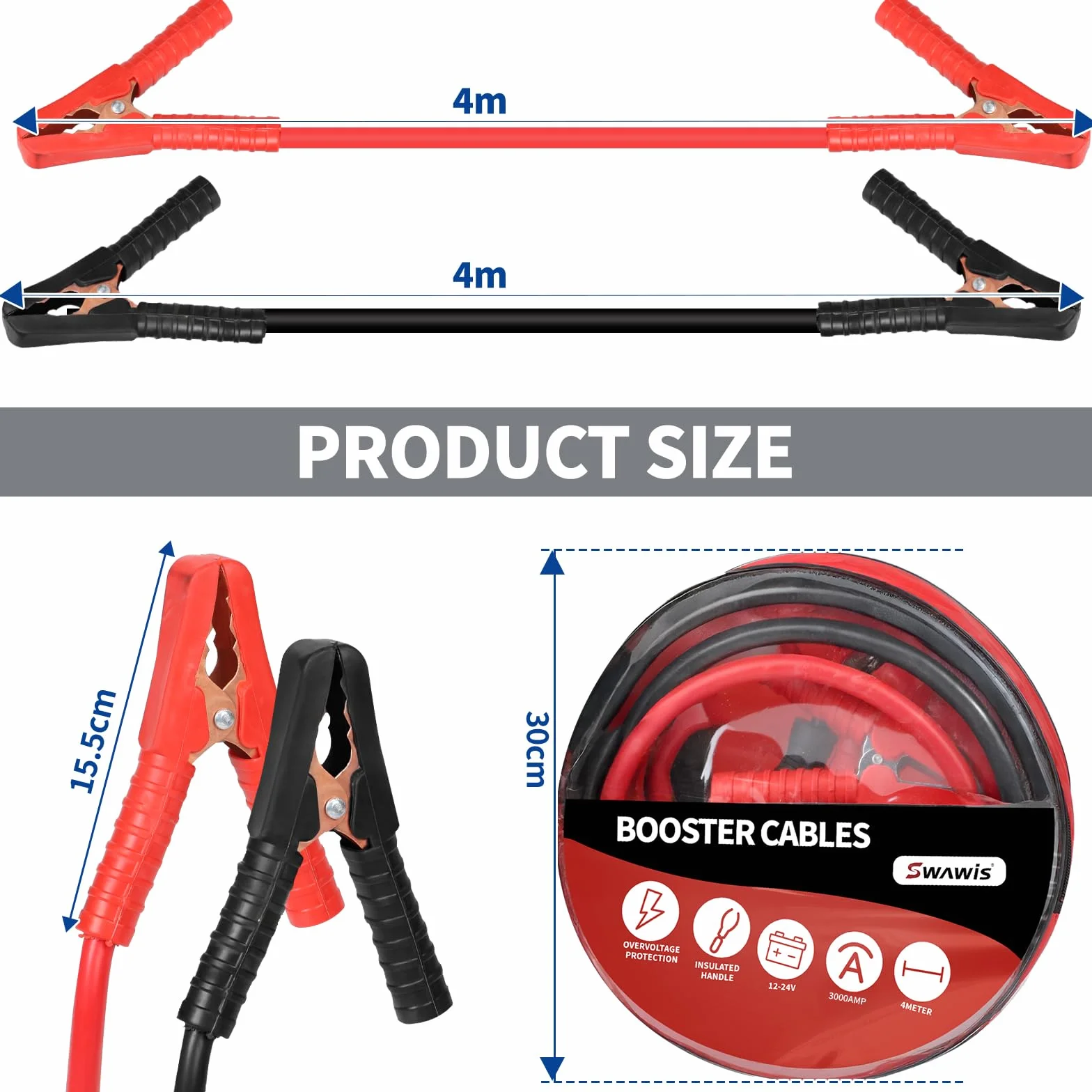 SWAWIS Cavi Batteria Auto 4m 50mm² 3000A 12 V/24 V Cavi di Collegamento per Avviamento, Cavi Batteria Auto, Moto, Camper, Camion