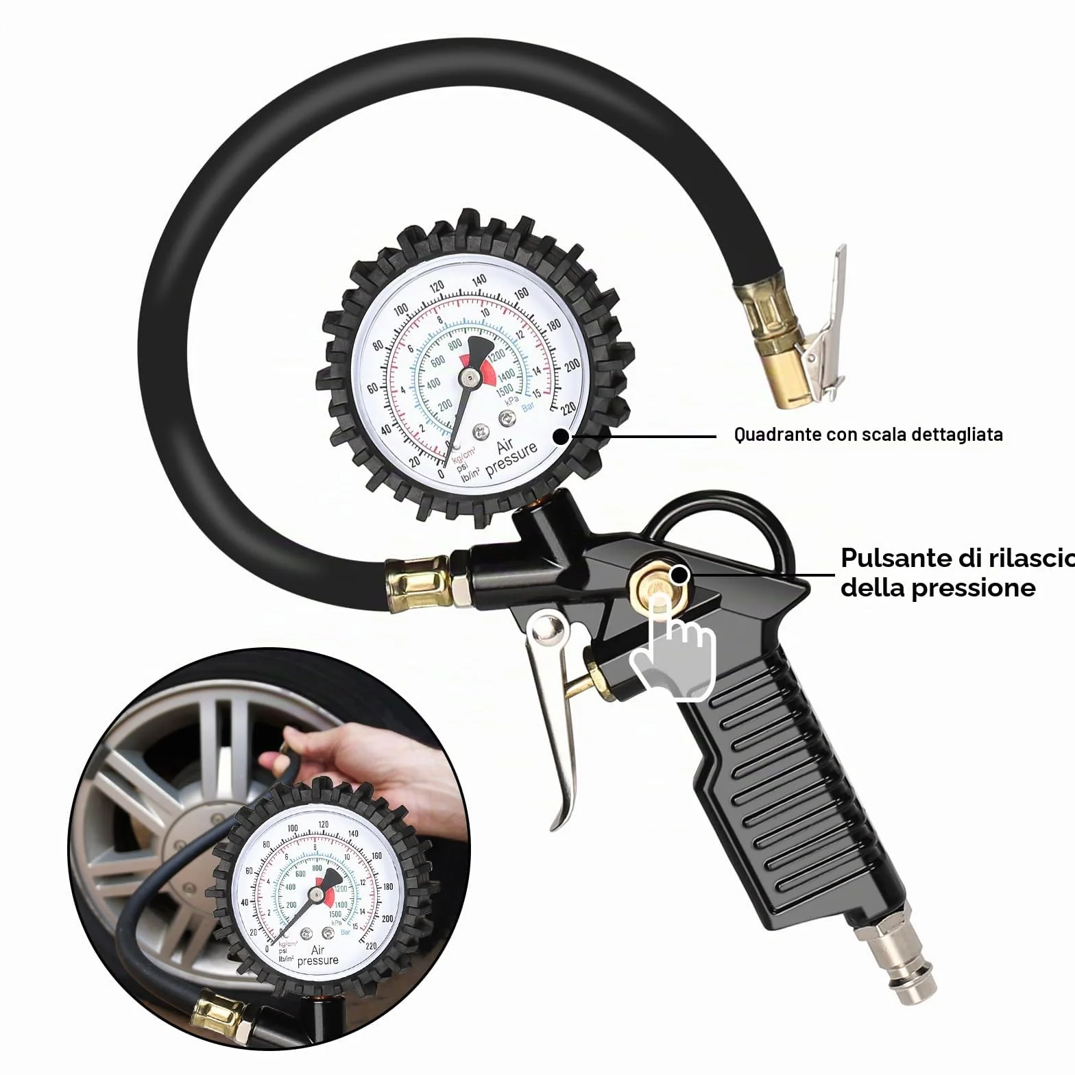 Manometro Pressione Gomme 220 PSI 16 BAR con Tubo Flessibile per Auto Moto
