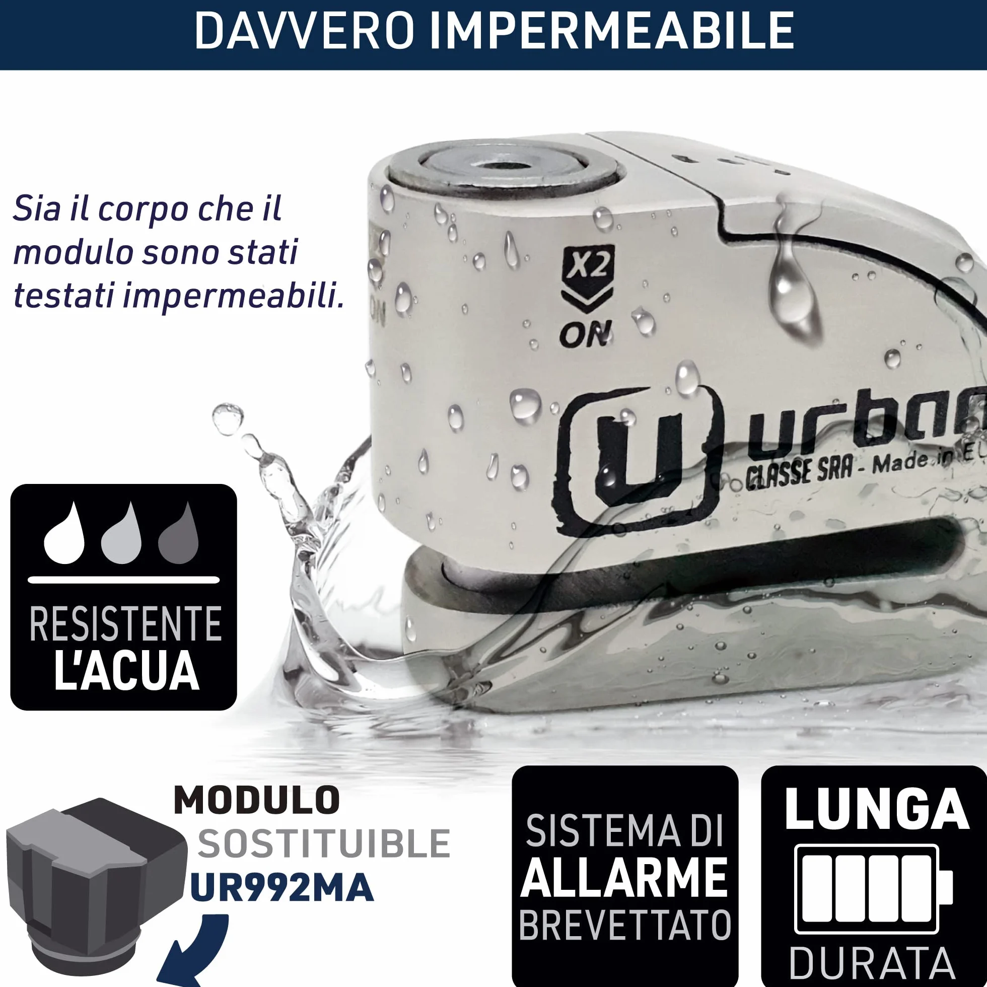 URBAN UR14S Blocca Disco per Moto Senza/Con Allarme Hi-Tech 120dB, Antifurto Moto Omologato SRA Massima Sicurezza, Warning Sensibilità A+, Acciaio Inox, Lucchetto Bloccadisco Doppio Bloccaggio 14mm