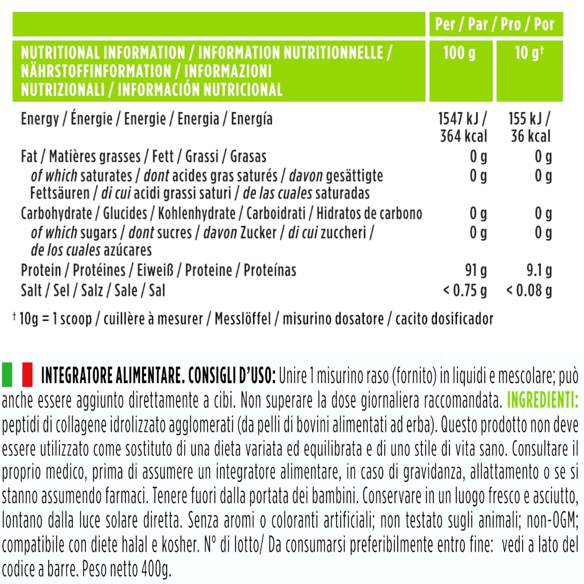Igennus Collagene Idrolizzato Bovini Allevati ad Erba 400gr Polvere Non Aromatizzato Non-OGM 40 porzioni