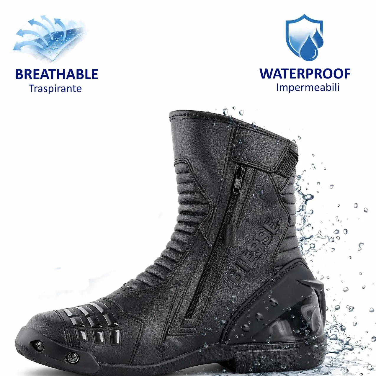 BI ESSE -Stivali Moto In Pelle,Scarpa Per Motocicletta Impermeabile,Traspiranti,Stivaletti Invernali Strada,Protezione Caviglia