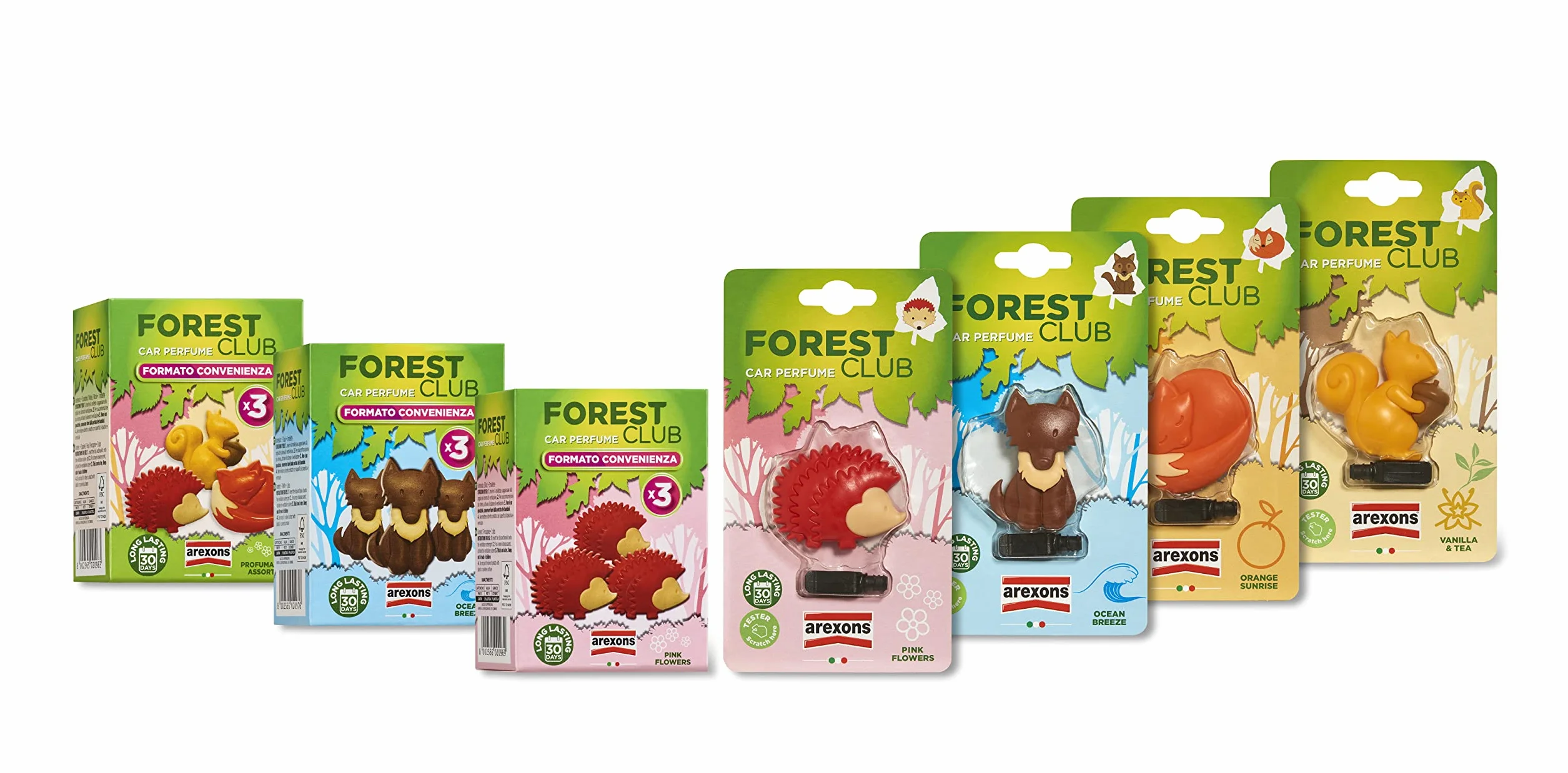 AREXONS Forest Club & Friends Tripack Profumatore Auto, Durata 30 Giorni, Fragranza Orange Sunrise, Vanilla&Tea, Pink Flowers, Made in Italy