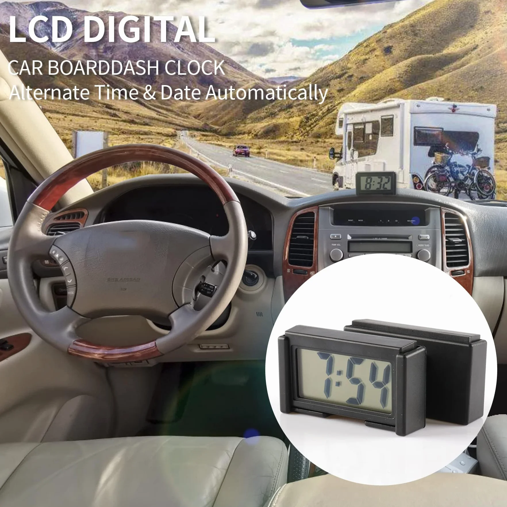Mini Digital Car Clock Sticky Electronic Car Clock, Accessories with Clear LCD Screen Self-Adhesive Stand Digital Clock for Car Truck Dashboard Home Office Table