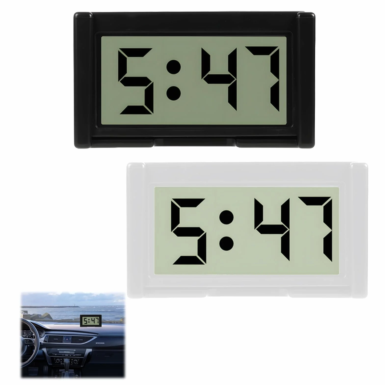 Mini Orologio Digitale da Auto LCD Elettronico, 2 Pezzi Bianco e Nero