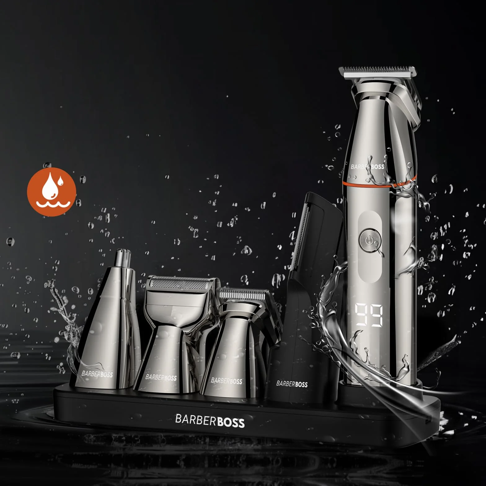 BarberBoss Kit rasoio 5 in 1 uomo tagliacapelli rasoio naso ricarica USB-C lame acciaio inox body groomer