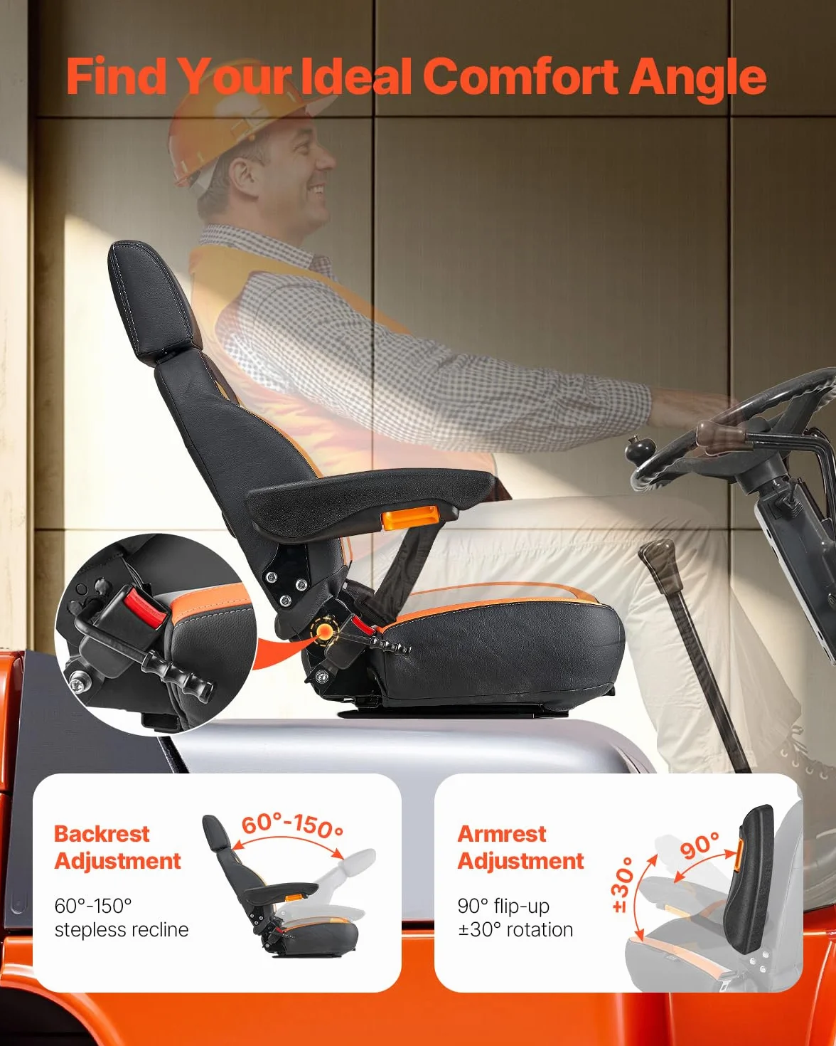 VEVOR Sedile Universale per Carrello Elevatore, con Schienale Regolabile, Bracciolo, Poggiatesta e Cintura di Sicurezza, Sedile Sicuro per Trattore con Microinterruttore, per Tosaerba per Minipale