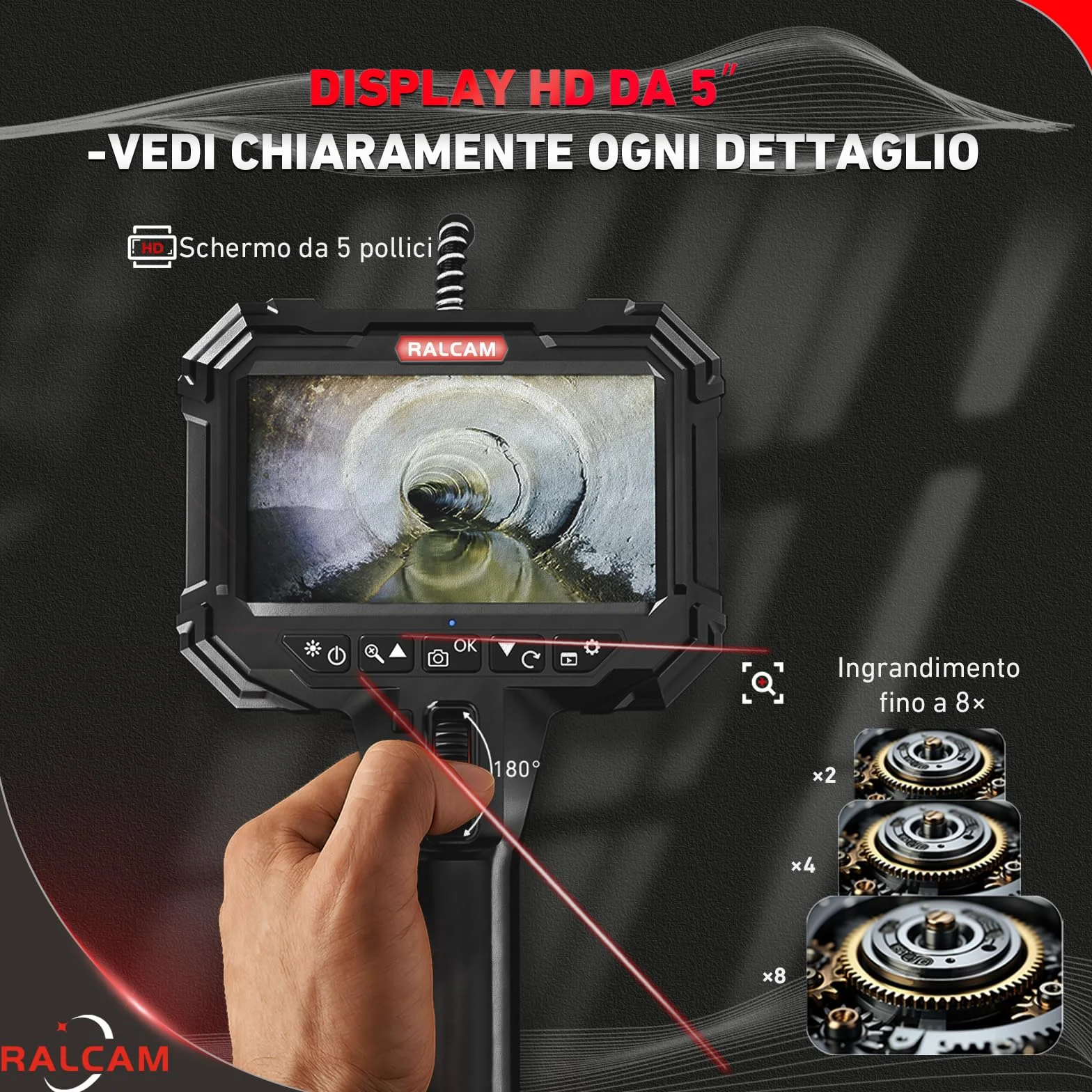 Ralcam Fotocamera Endoscopia IP67 con Testa Mobile 210°, Sonda 5,5mm, Schermo HD 5", Tubo 1,5M