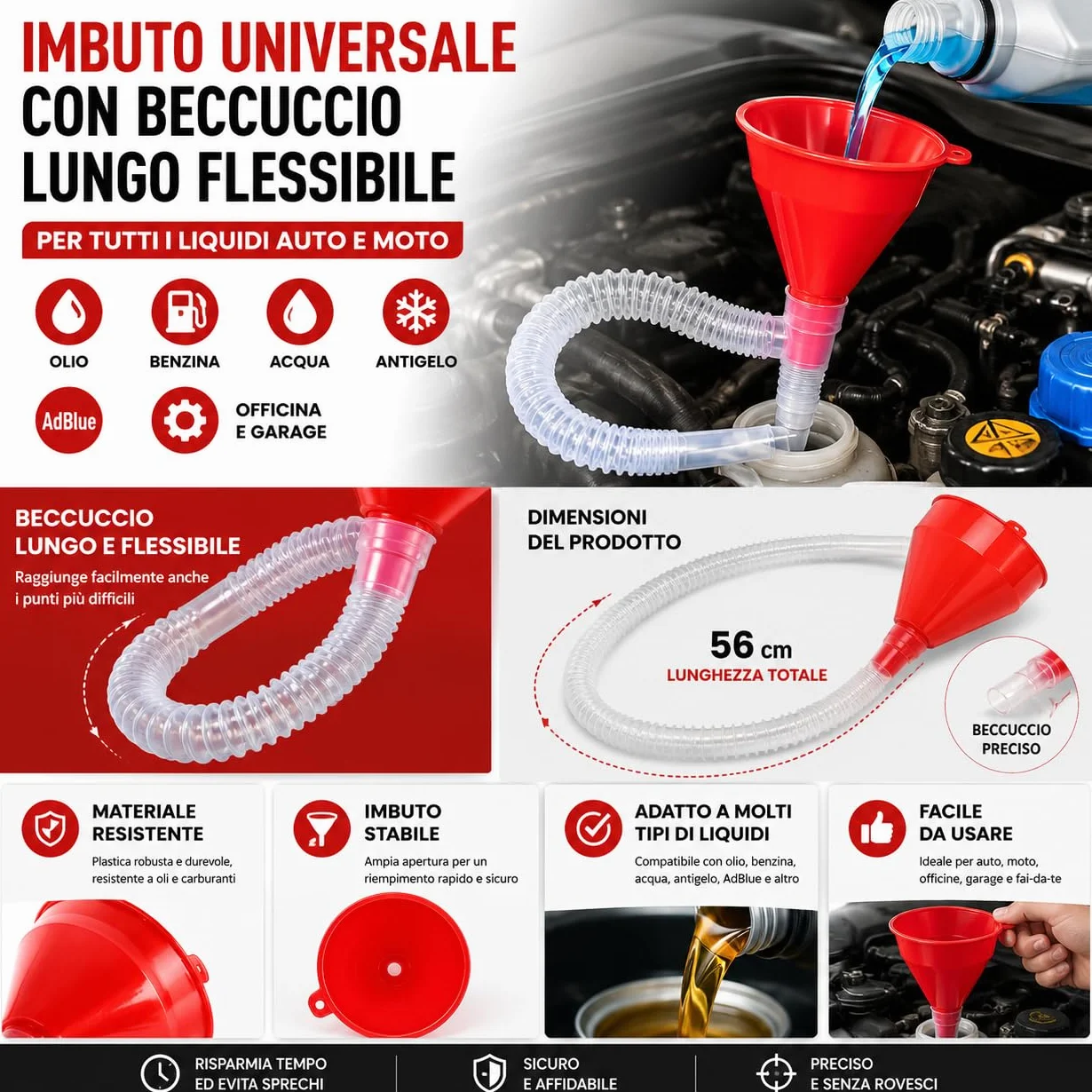 Imbuto Universale Auto con Beccuccio Lungo Flessibile Ø8 cm – per Olio, Benzina, Acqua, Antigelo, AdBlue