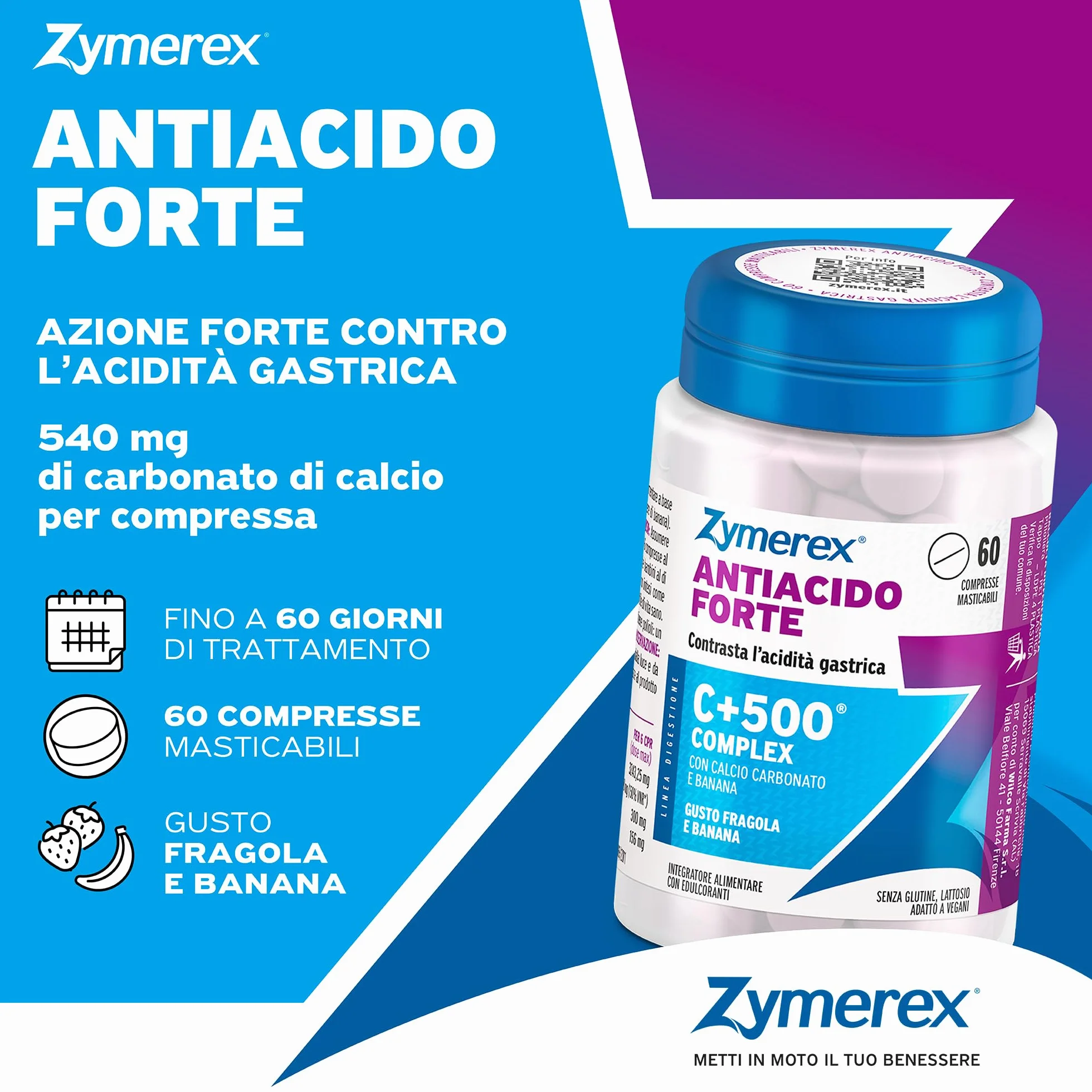 Zymerex ANTIACIDO FORTE 60 compresse masticabili | Contrasta acidità gastrica | Azione forte | Gusto fragola e banana | Senza glutine e lattosio | Adatto a vegani
