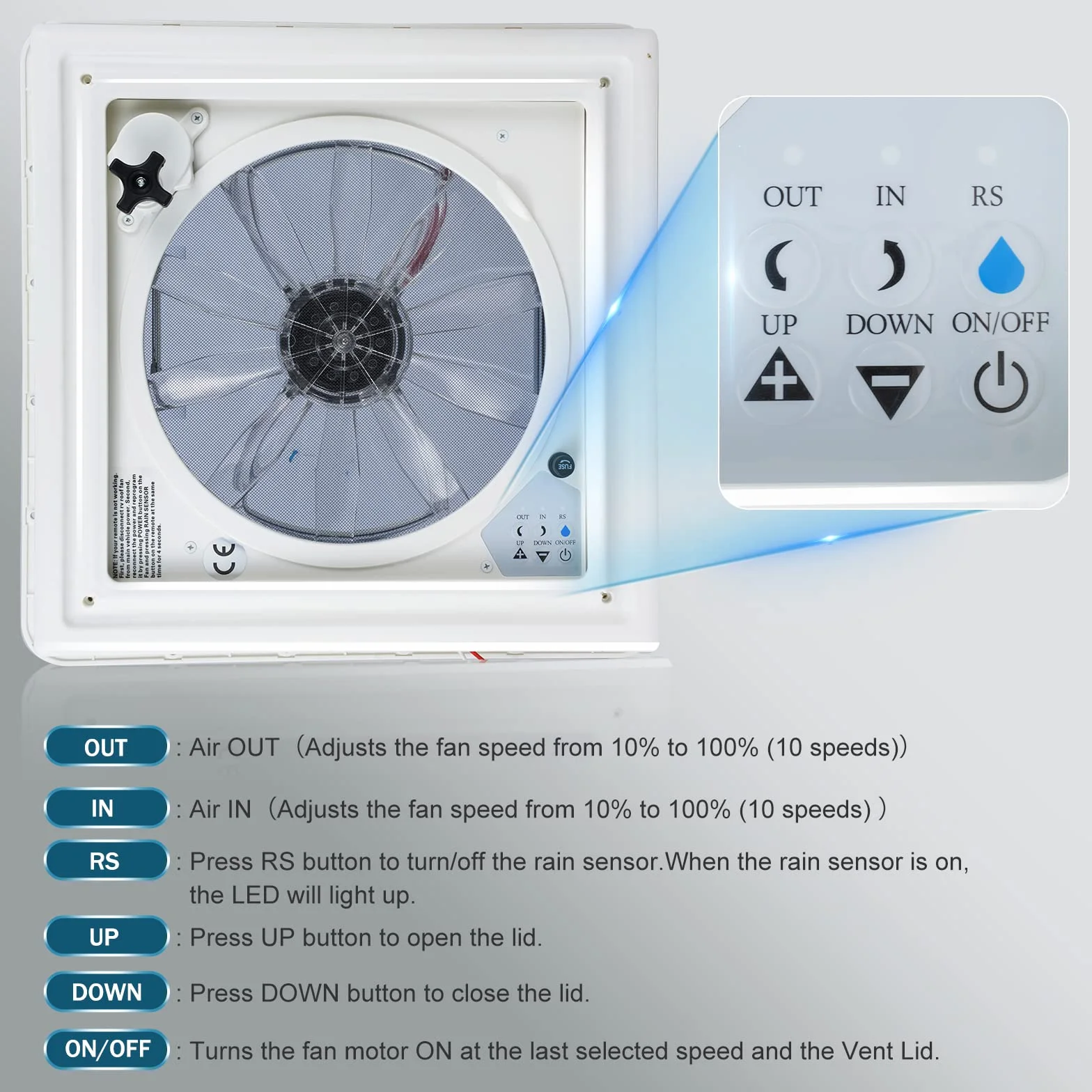 Ventilatore da Tetto per Camper 12 V Reversibile Presa d'Aria Dual Mode Sfiato Roulotte Rimorchi