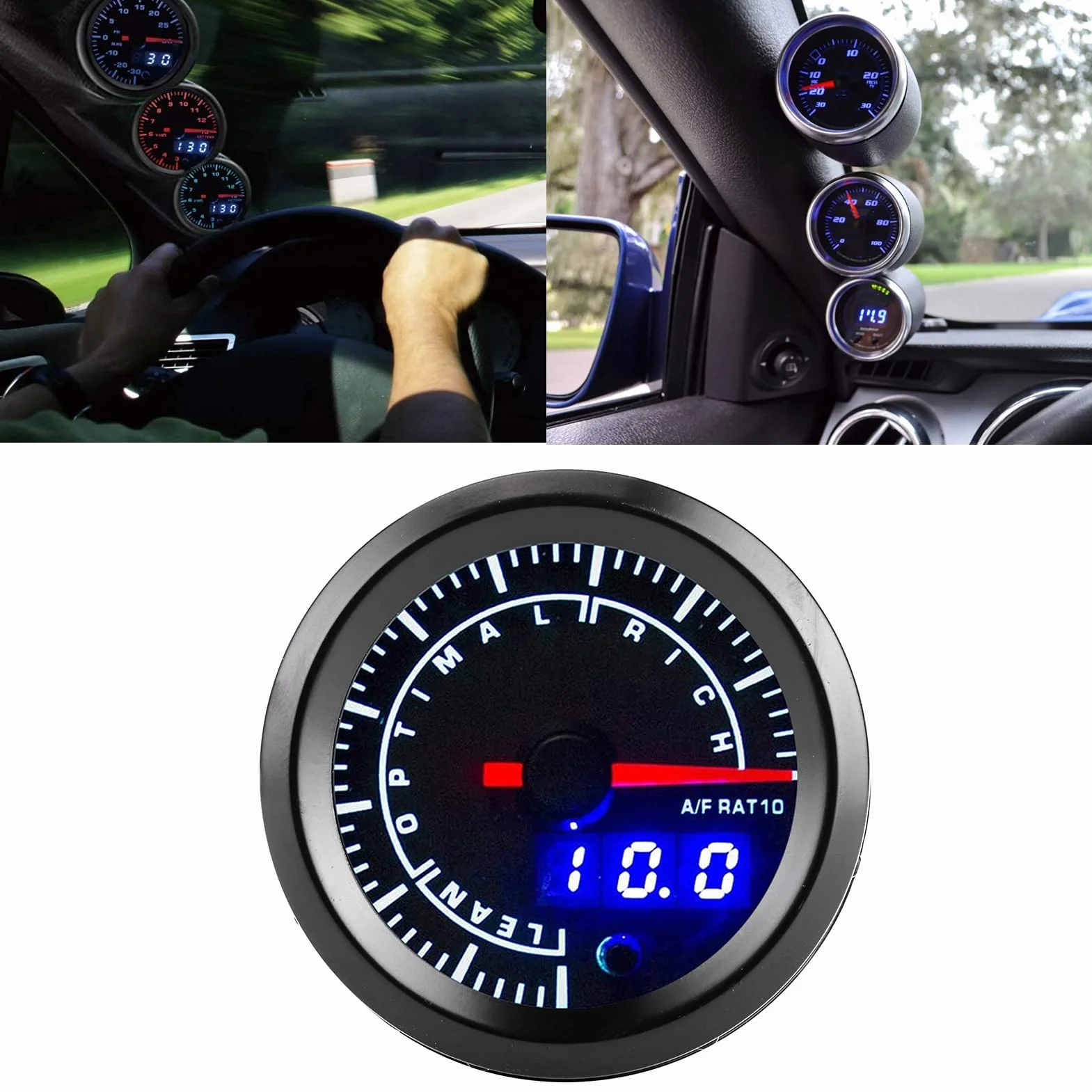 Indicatore AFR Aria/Carburante per Auto 2,5 Pollici 12V con Puntatore e Impostazione Avvertimento Regolabile