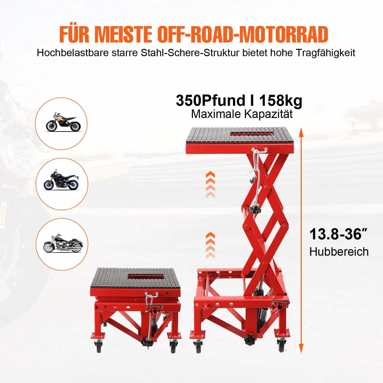 Sollevatore Idraulico per Moto con Pedale, Cavalletto Centrale a Pantografo per Moto, ATV, Enduro – Regolazione Altezza 350‑905 mm, Carico Max 158 kg, con 4 Ruote e Rotelle Universali