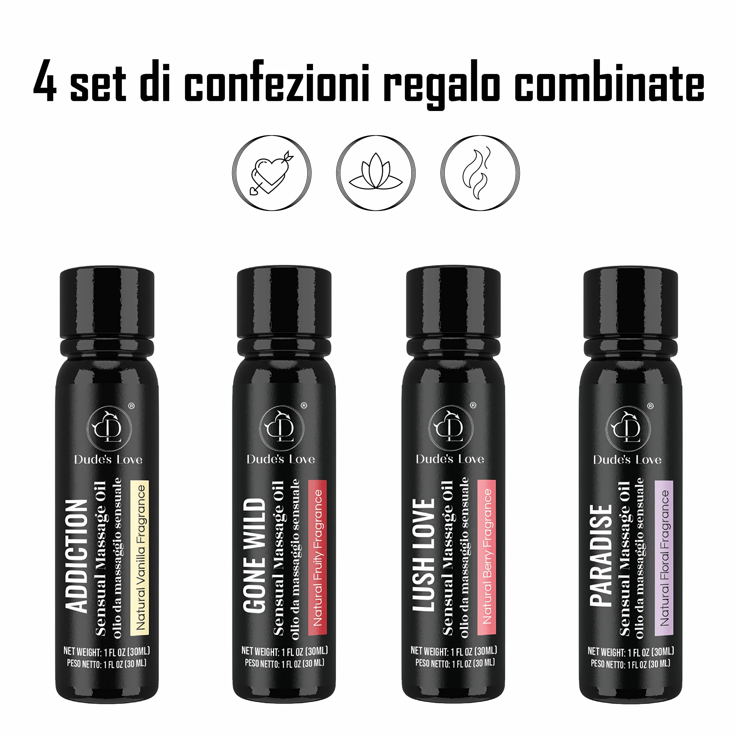 Set regalo olio da massaggio sensuale commestibile aromatico per tutto il corpo 120 ml
