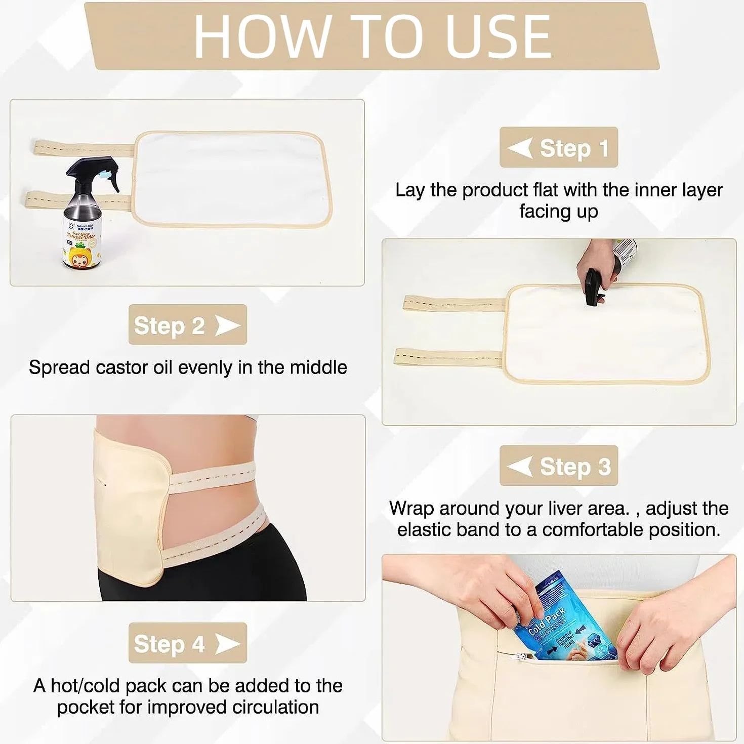 Kit Castor Oil Wrap 9 Pezzi Fascia Elastica Regolabile Olio di Ricino Organico Riutilizzabile